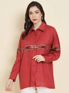 Pashtush Womens Oversized Casual Woollen Shirt, Persian Red