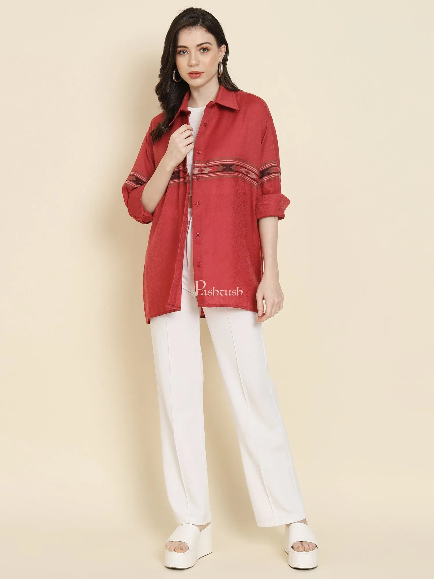 Pashtush Womens Oversized Casual Woollen Shirt, Persian Red