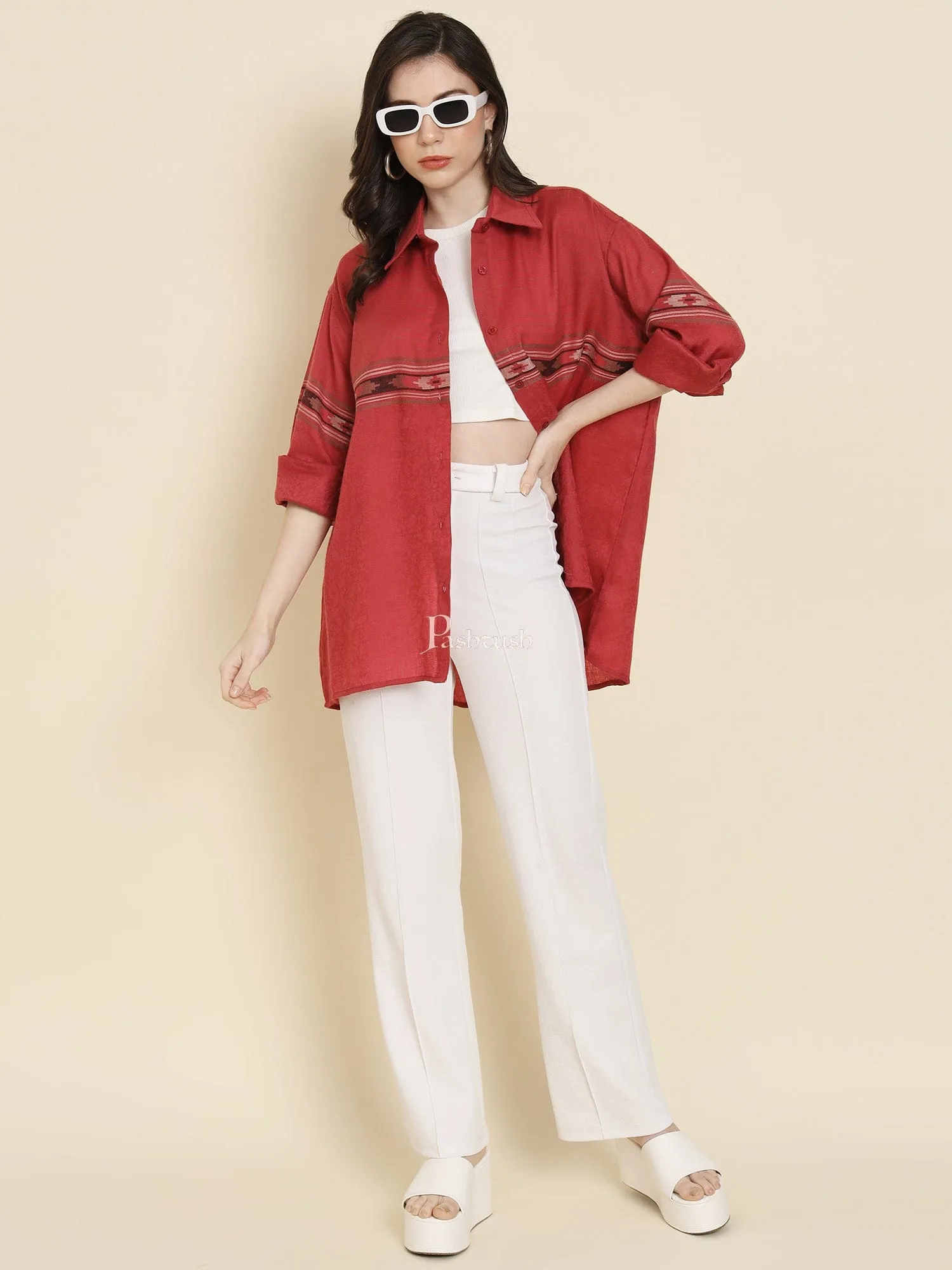 Pashtush Womens Oversized Casual Woollen Shirt, Persian Red