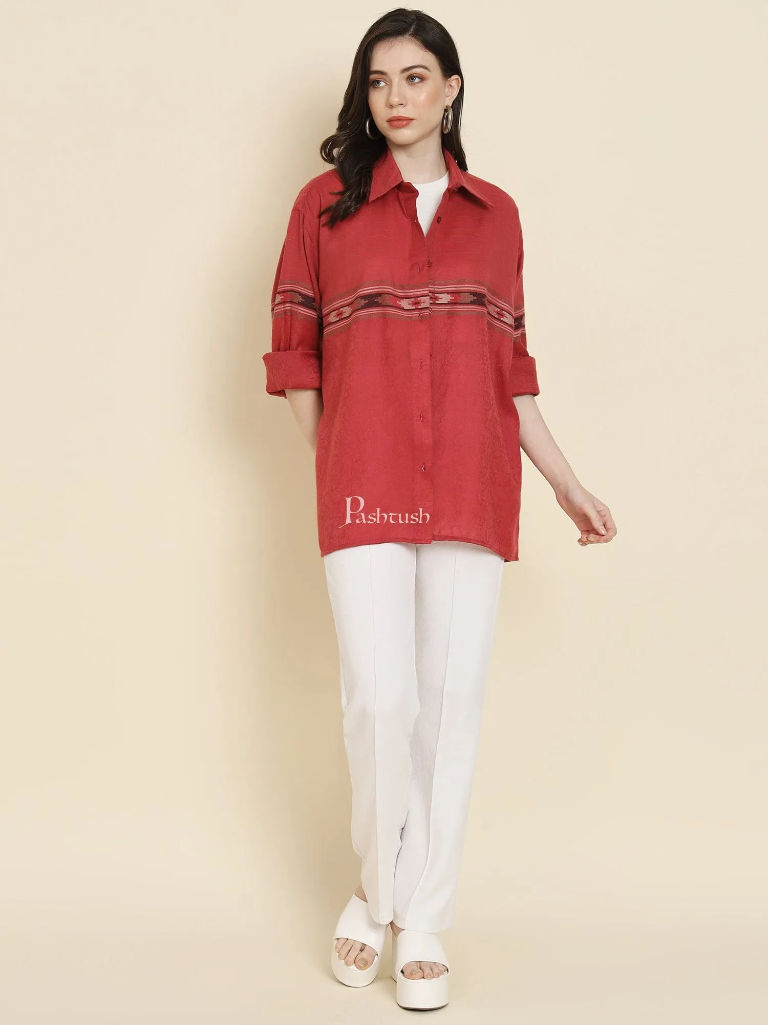 Pashtush Womens Oversized Casual Woollen Shirt, Persian Red