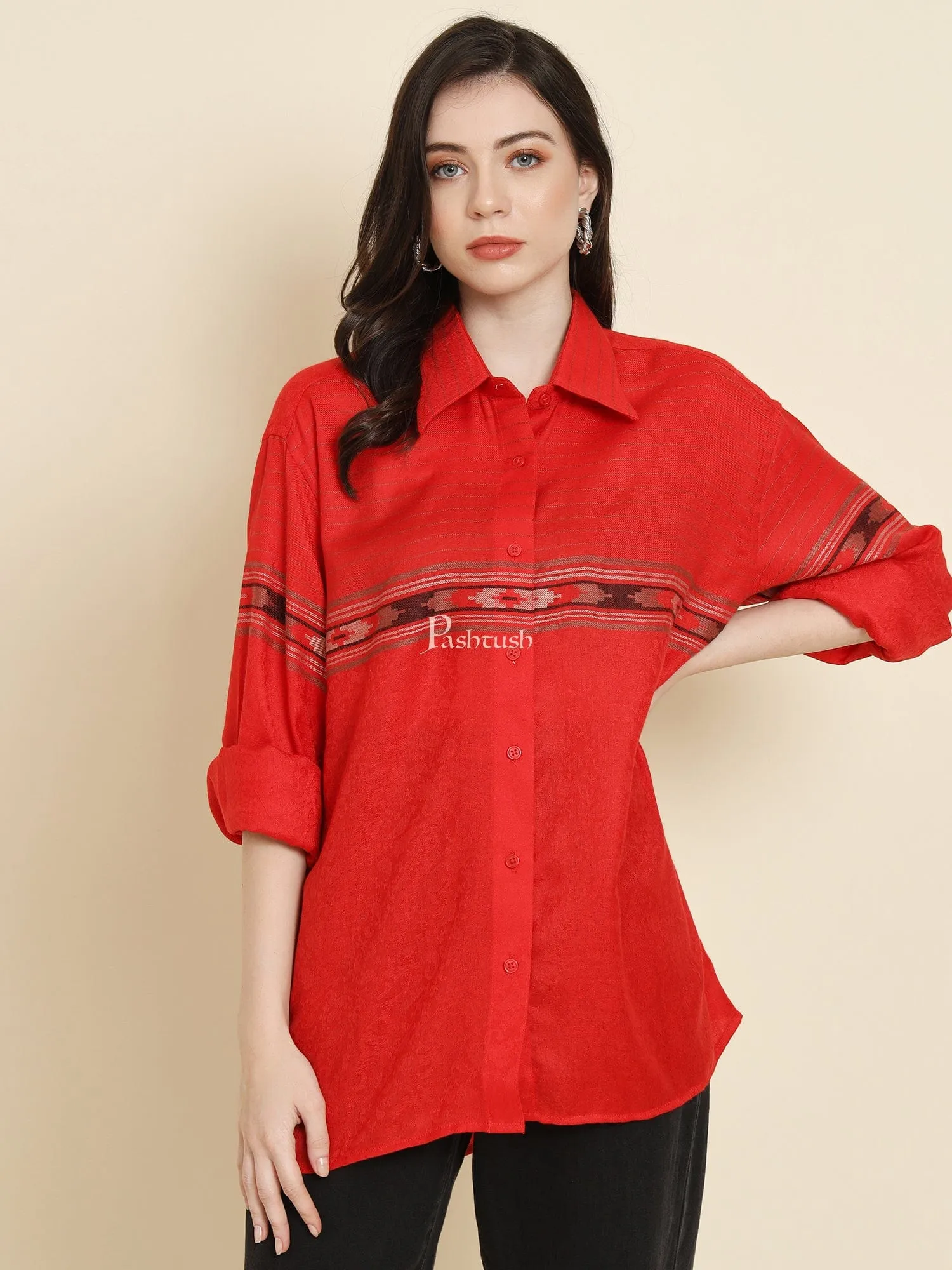Pashtush Womens Oversized Casual Woollen Shirt, Red