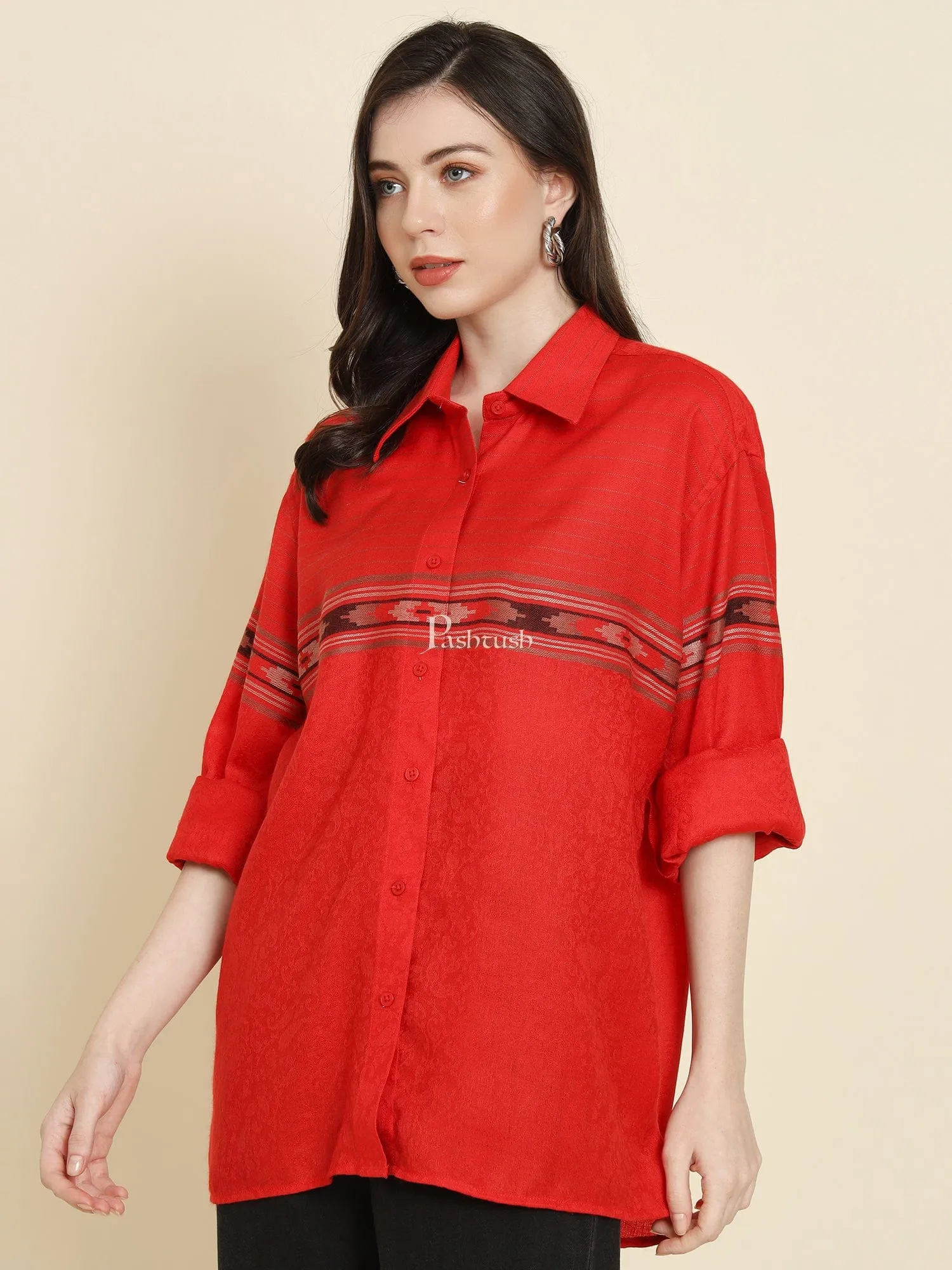 Pashtush Womens Oversized Casual Woollen Shirt, Red
