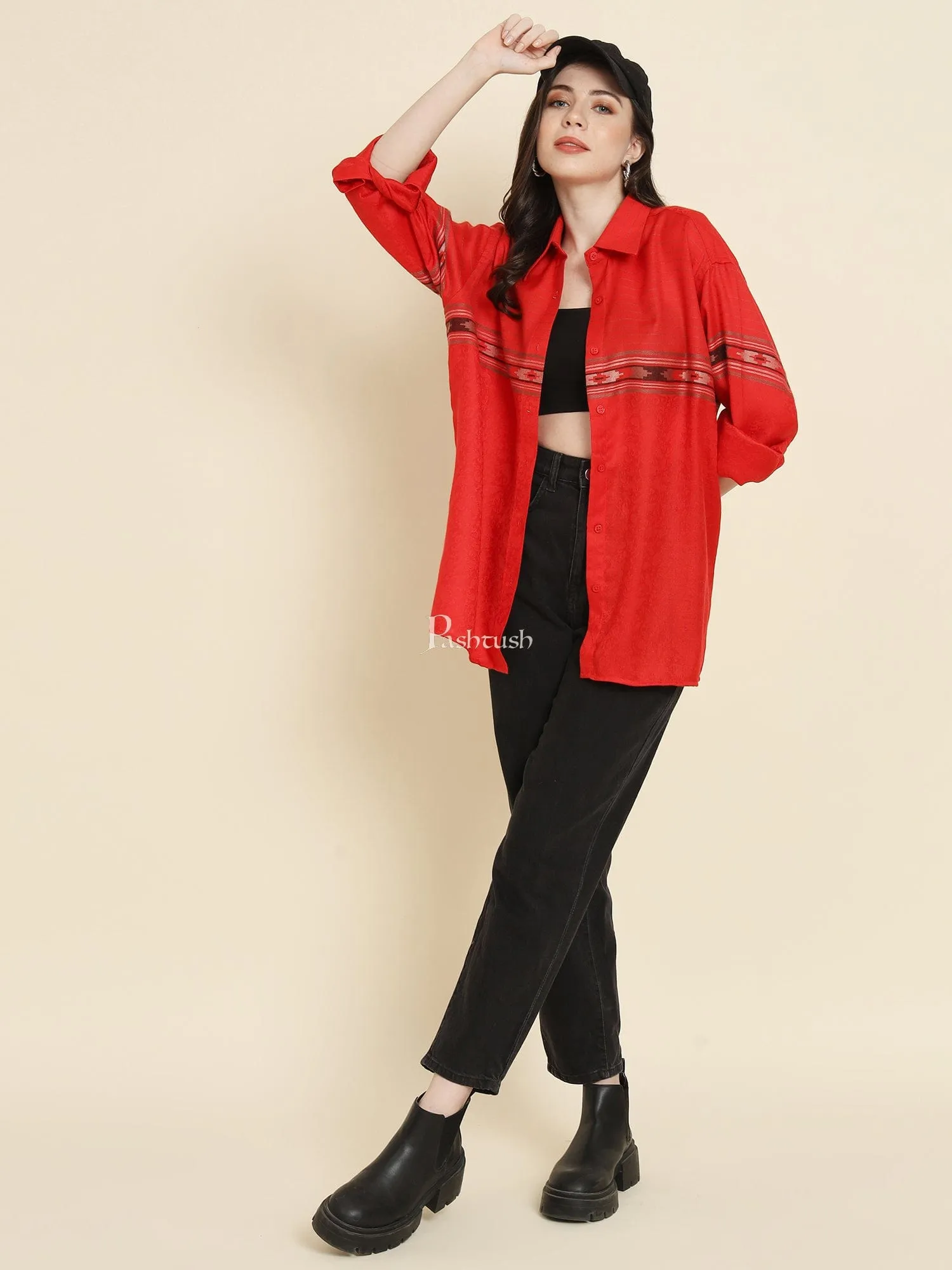 Pashtush Womens Oversized Casual Woollen Shirt, Red