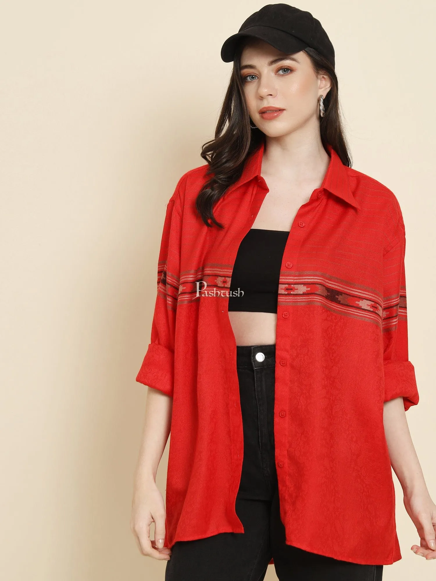 Pashtush Womens Oversized Casual Woollen Shirt, Red