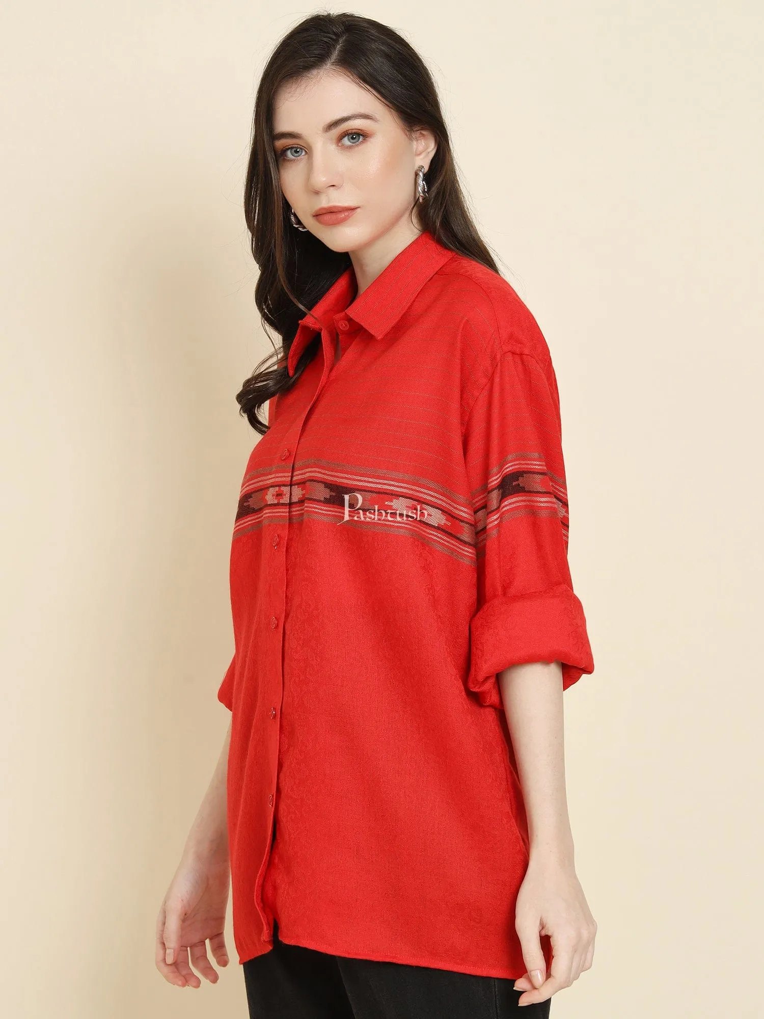 Pashtush Womens Oversized Casual Woollen Shirt, Red