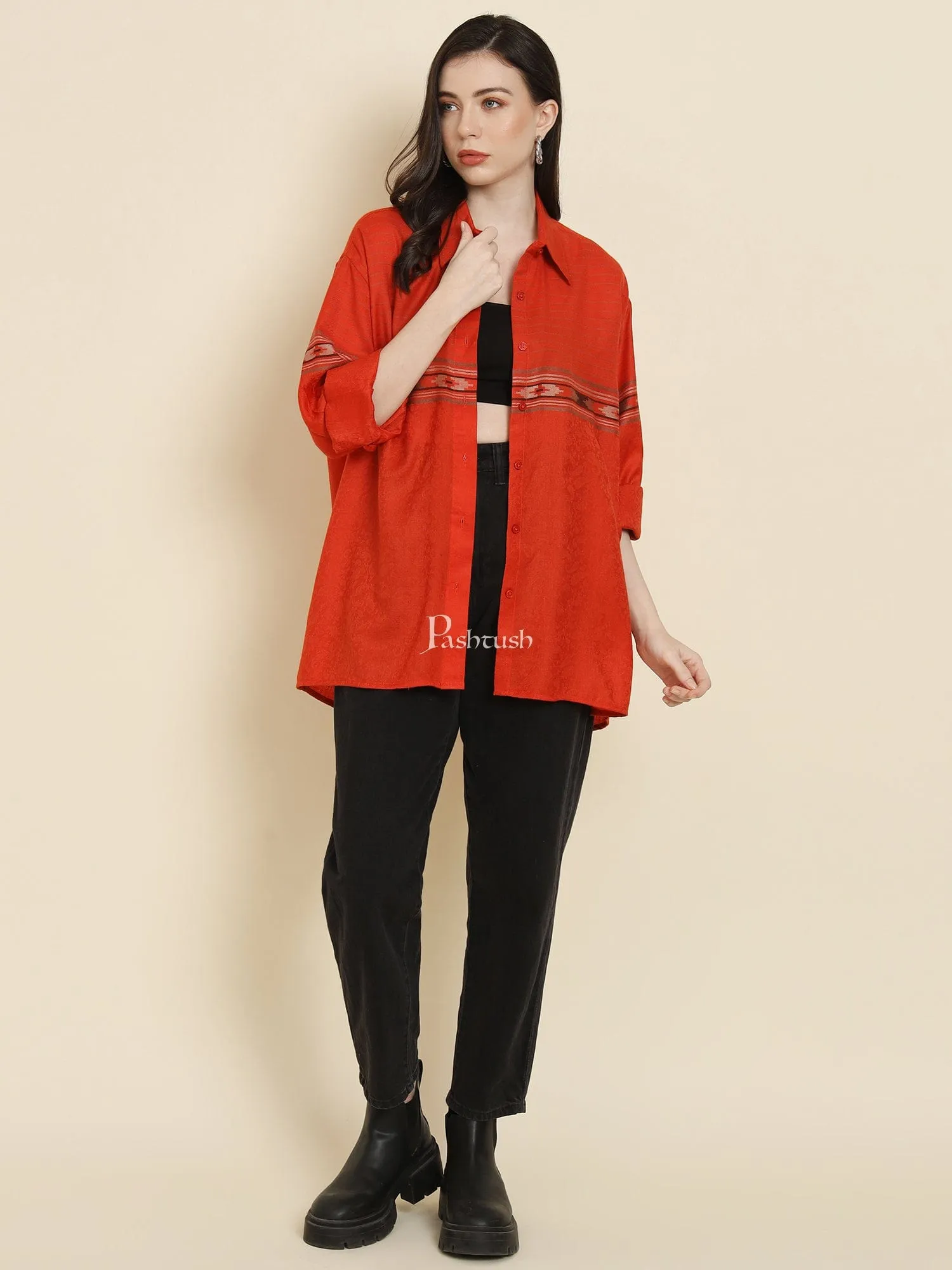 Pashtush Womens Oversized Casual Woollen Shirt, Scarlet Red