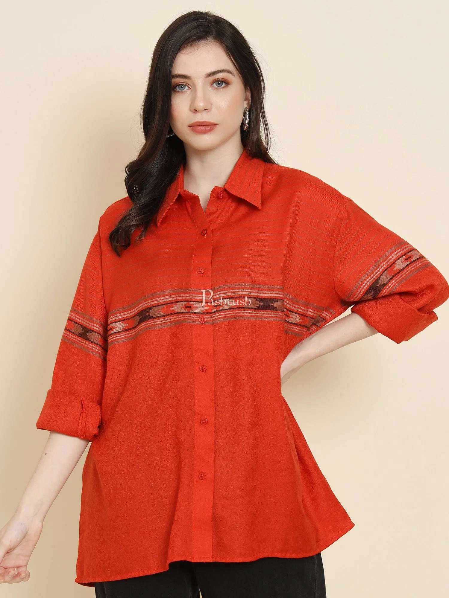 Pashtush Womens Oversized Casual Woollen Shirt, Scarlet Red