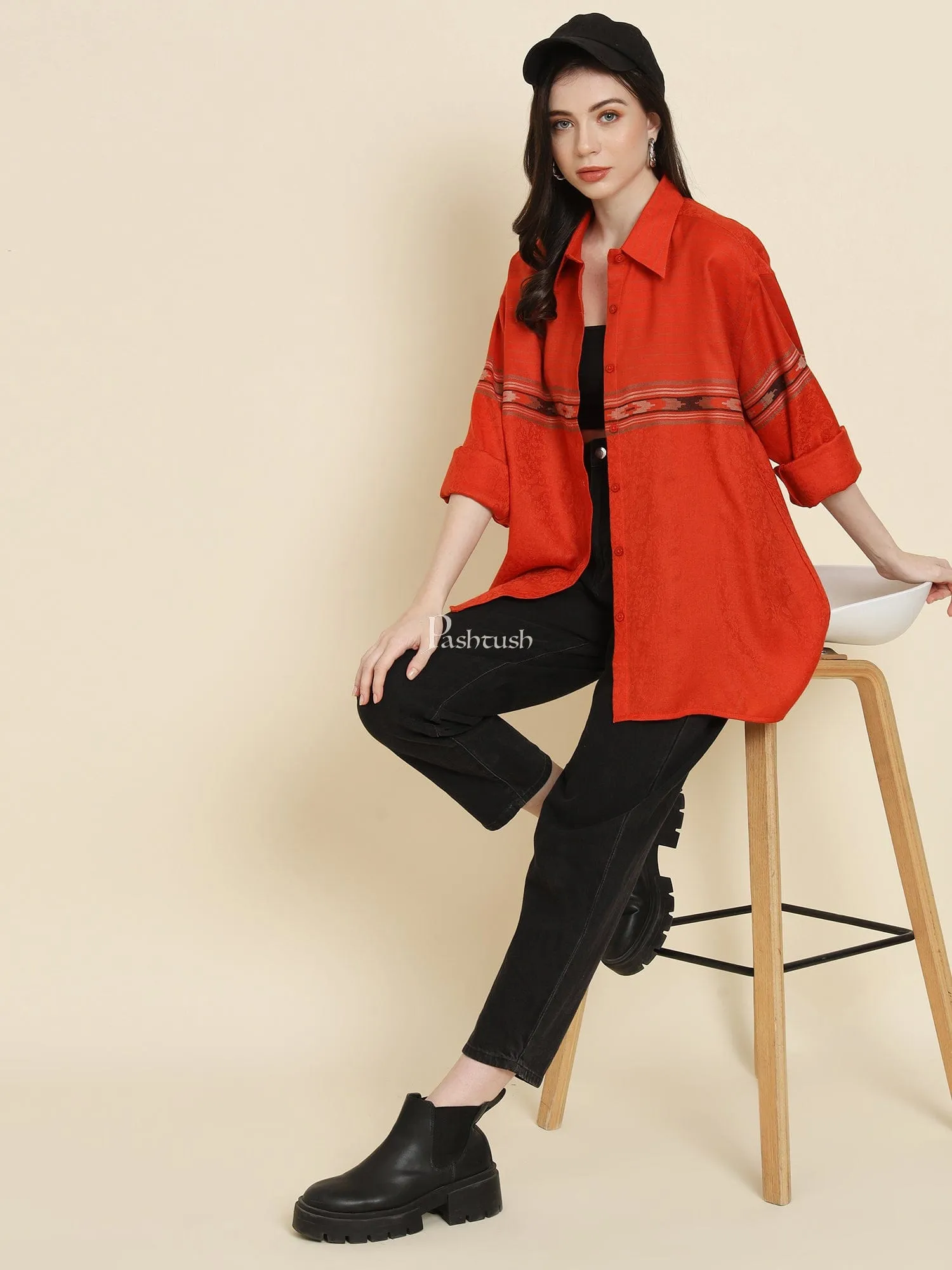 Pashtush Womens Oversized Casual Woollen Shirt, Scarlet Red
