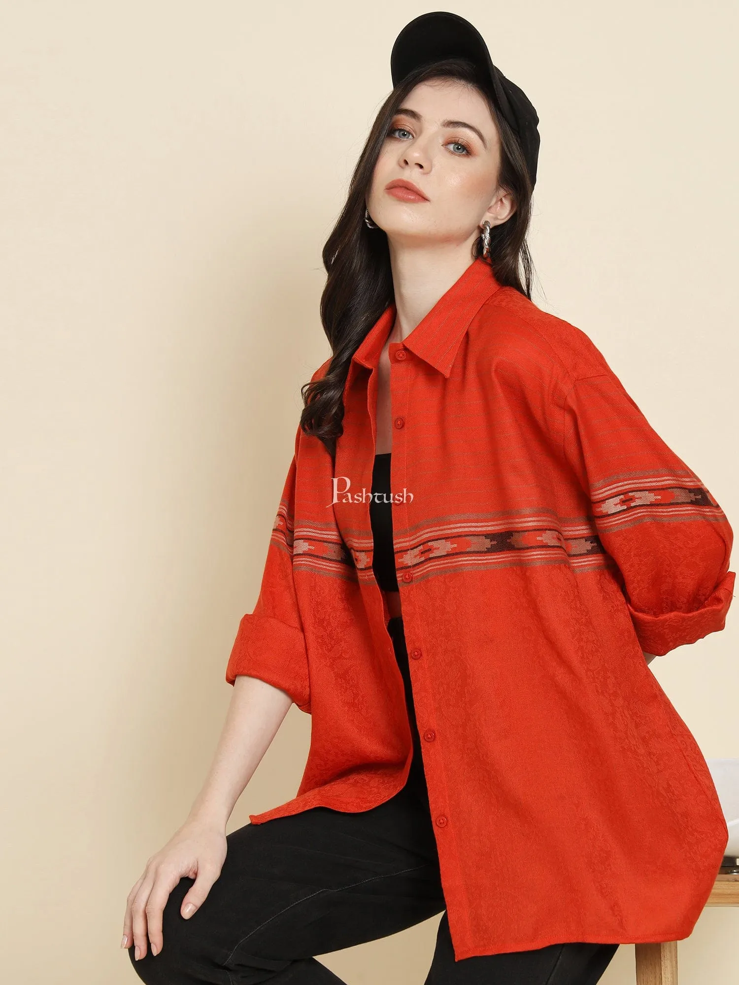 Pashtush Womens Oversized Casual Woollen Shirt, Scarlet Red