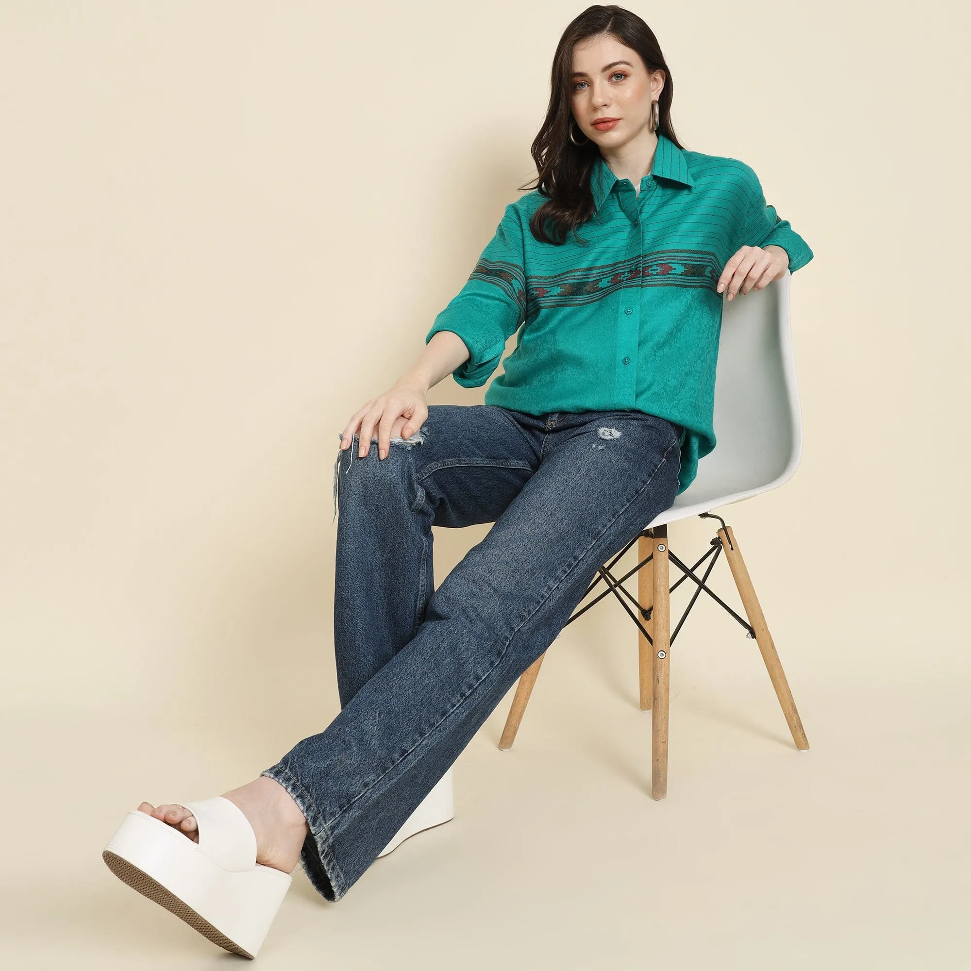 Pashtush Womens Oversized Casual Woollen Shirt, Sea Green