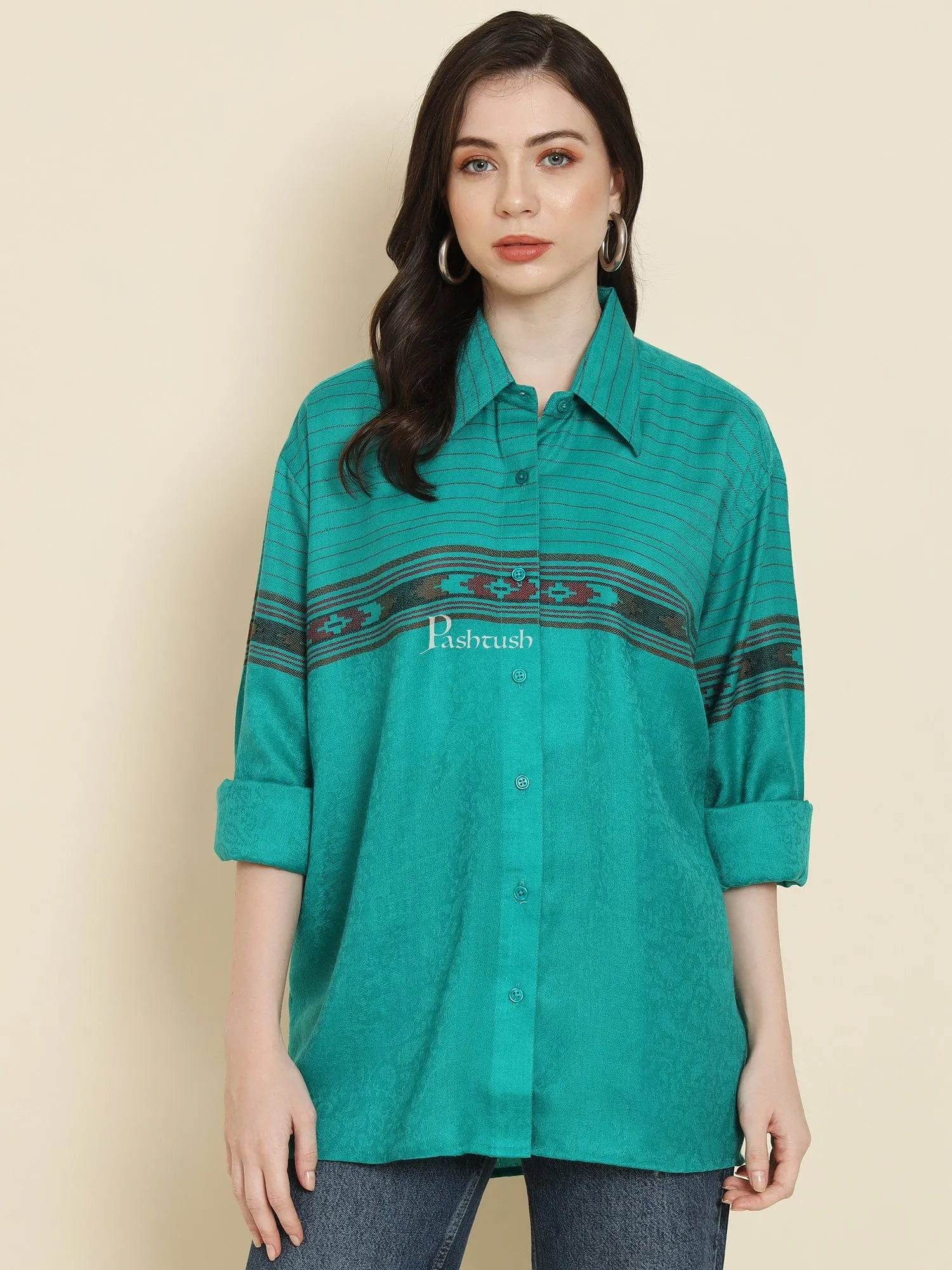 Pashtush Womens Oversized Casual Woollen Shirt, Sea Green