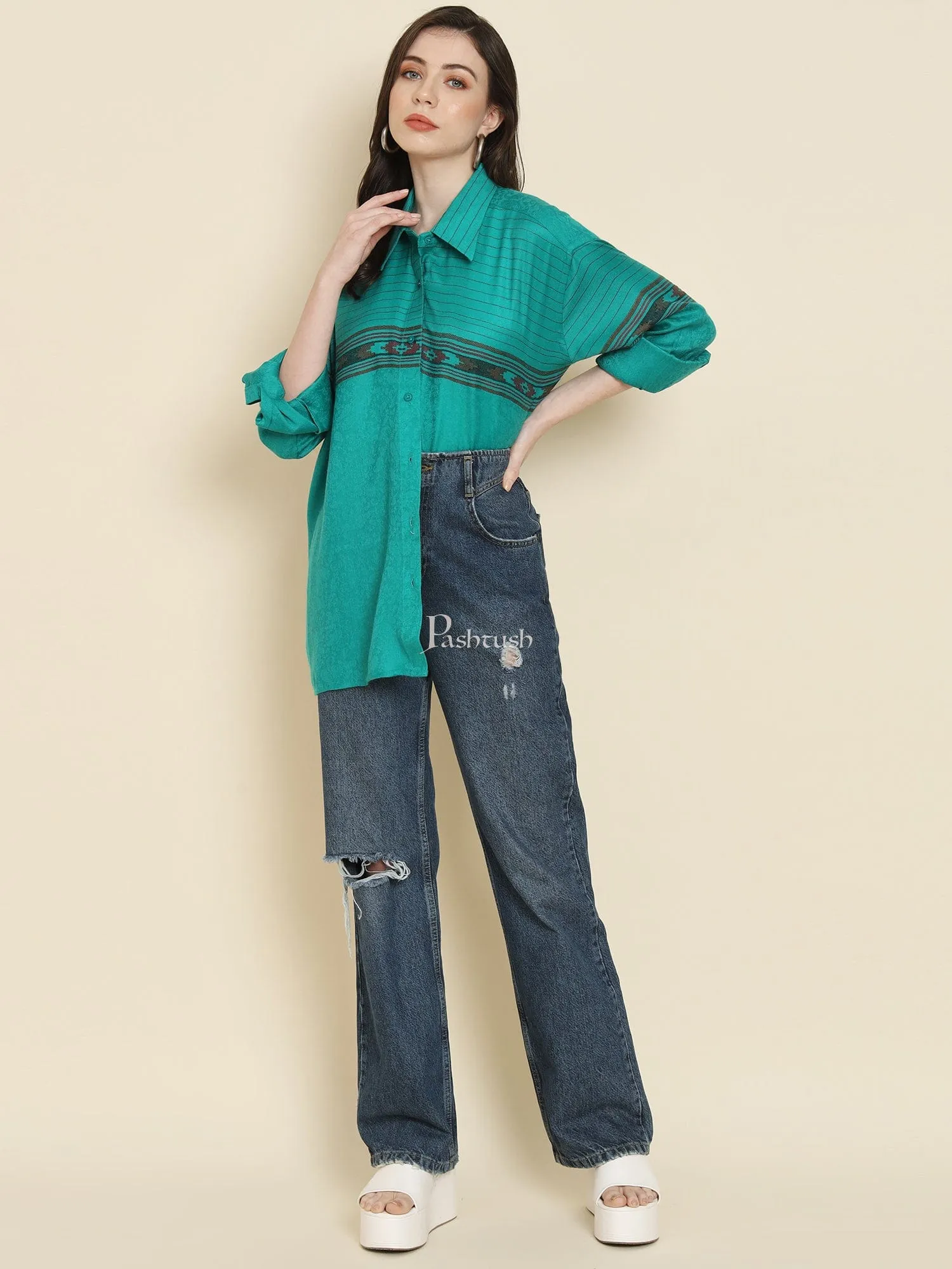 Pashtush Womens Oversized Casual Woollen Shirt, Sea Green