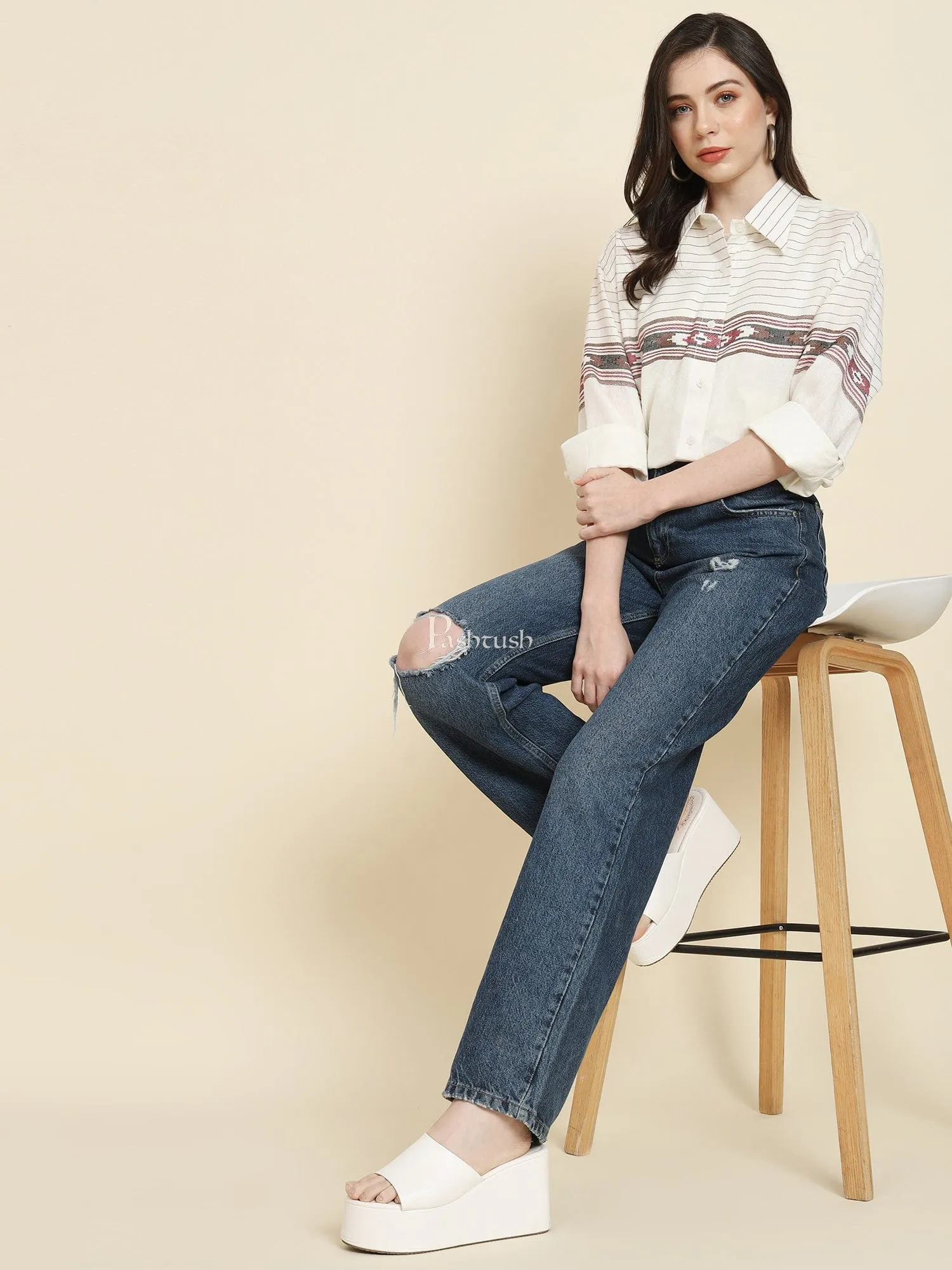 Pashtush Womens Oversized Casual Woollen Shirt, White