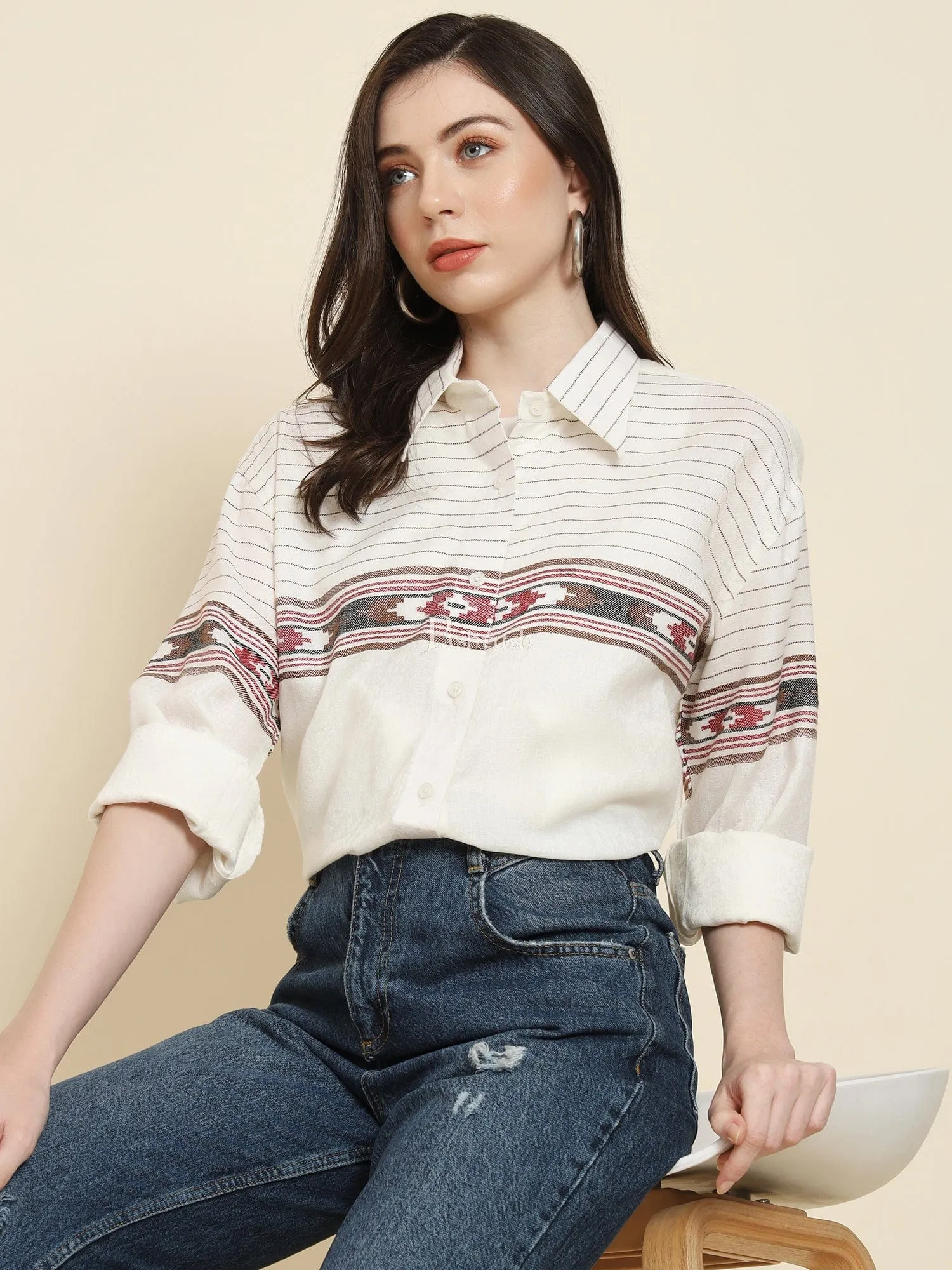 Pashtush Womens Oversized Casual Woollen Shirt, White