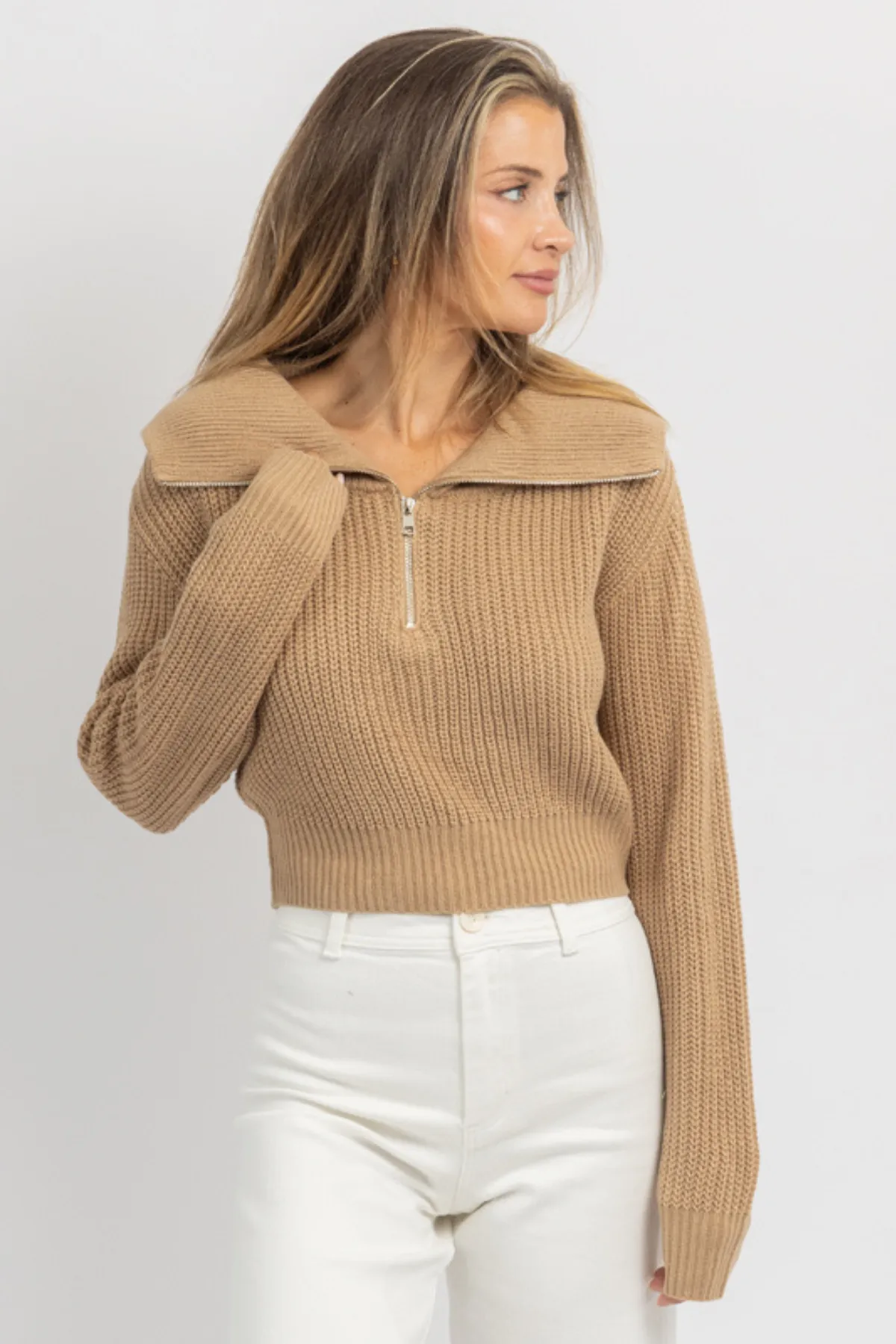 PAXTON MOCHA COLLARED KNIT TOP