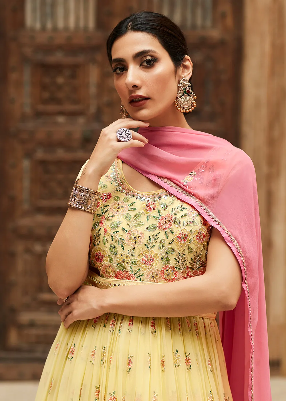 Premium Georgette Light Yellow Embellished Anarkali Dress