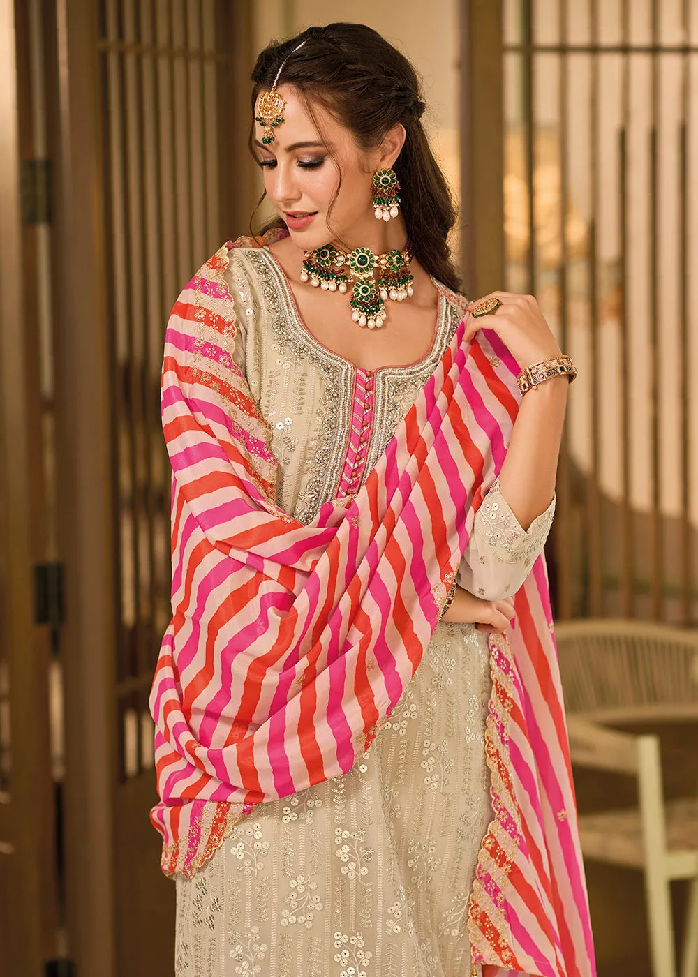Pretty Beige Khatli Embroidered Gharara Style Dress