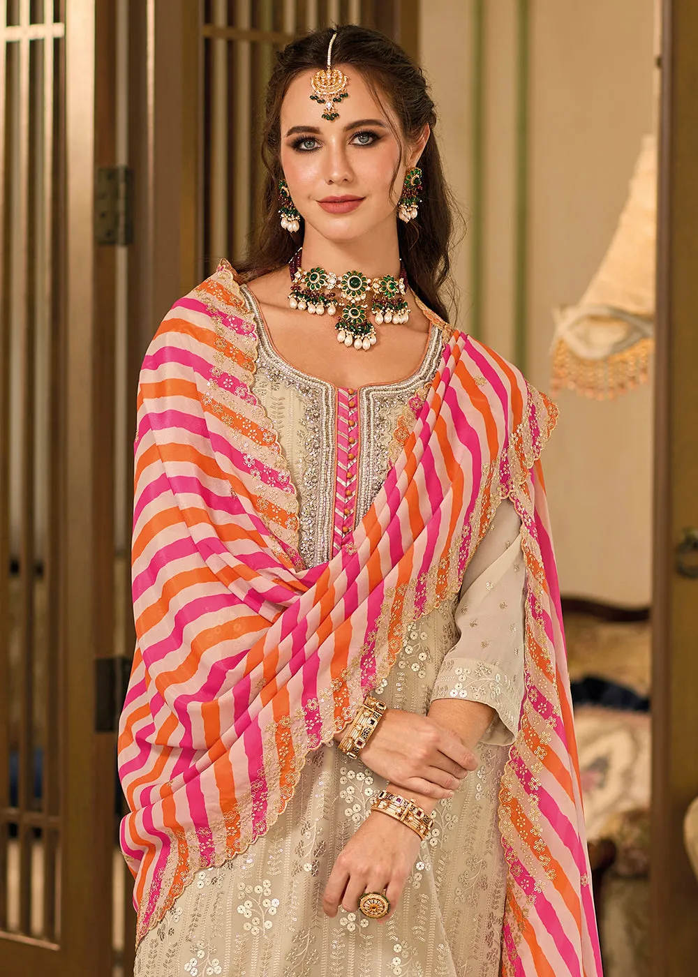 Pretty Beige Khatli Embroidered Gharara Style Dress