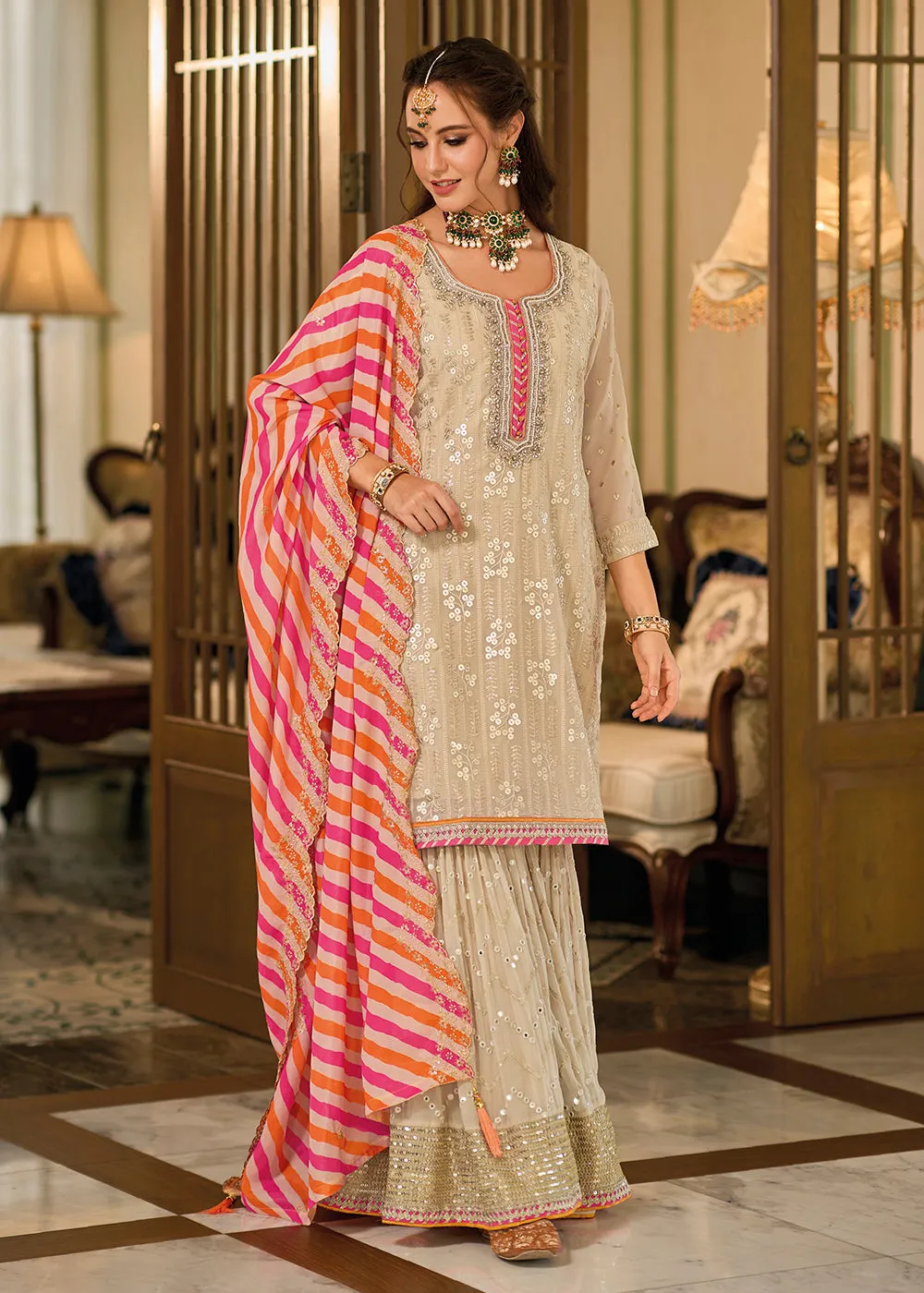 Pretty Beige Khatli Embroidered Gharara Style Dress