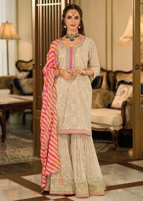 Pretty Beige Khatli Embroidered Gharara Style Dress