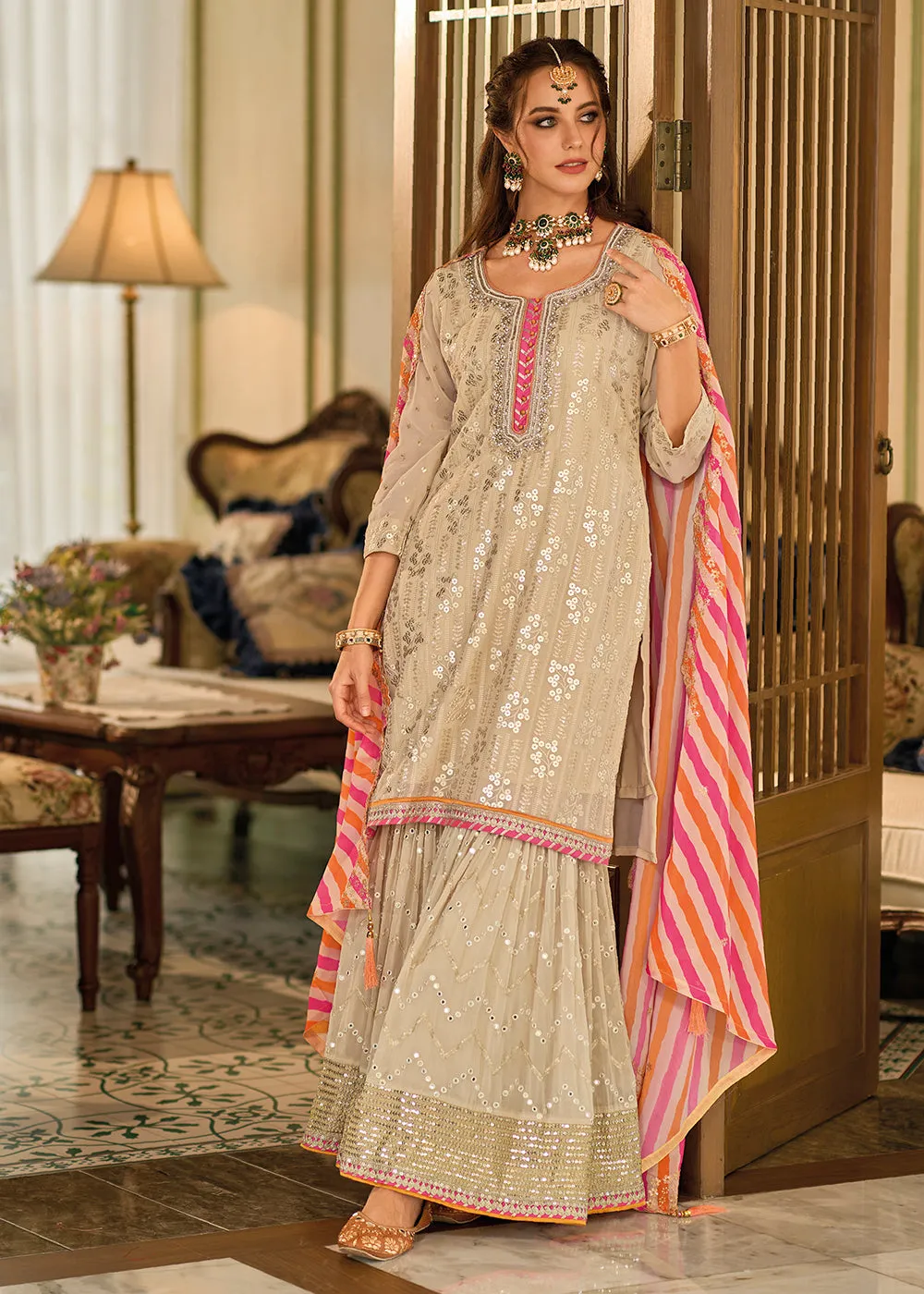 Pretty Beige Khatli Embroidered Gharara Style Dress