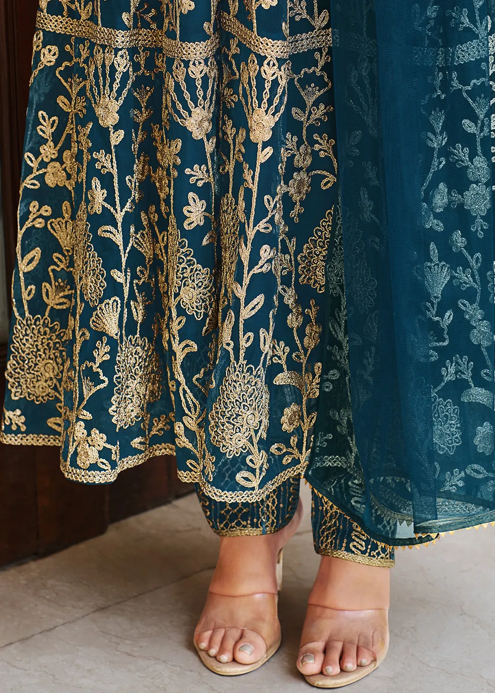 Pretty Peacock Blue Designer Front Slit Anarkali Dress