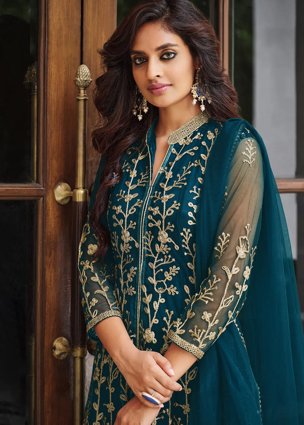 Pretty Peacock Blue Designer Front Slit Anarkali Dress