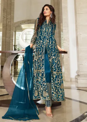 Pretty Peacock Blue Designer Front Slit Anarkali Dress