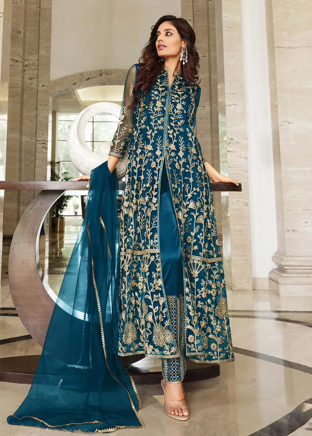 Pretty Peacock Blue Designer Front Slit Anarkali Dress