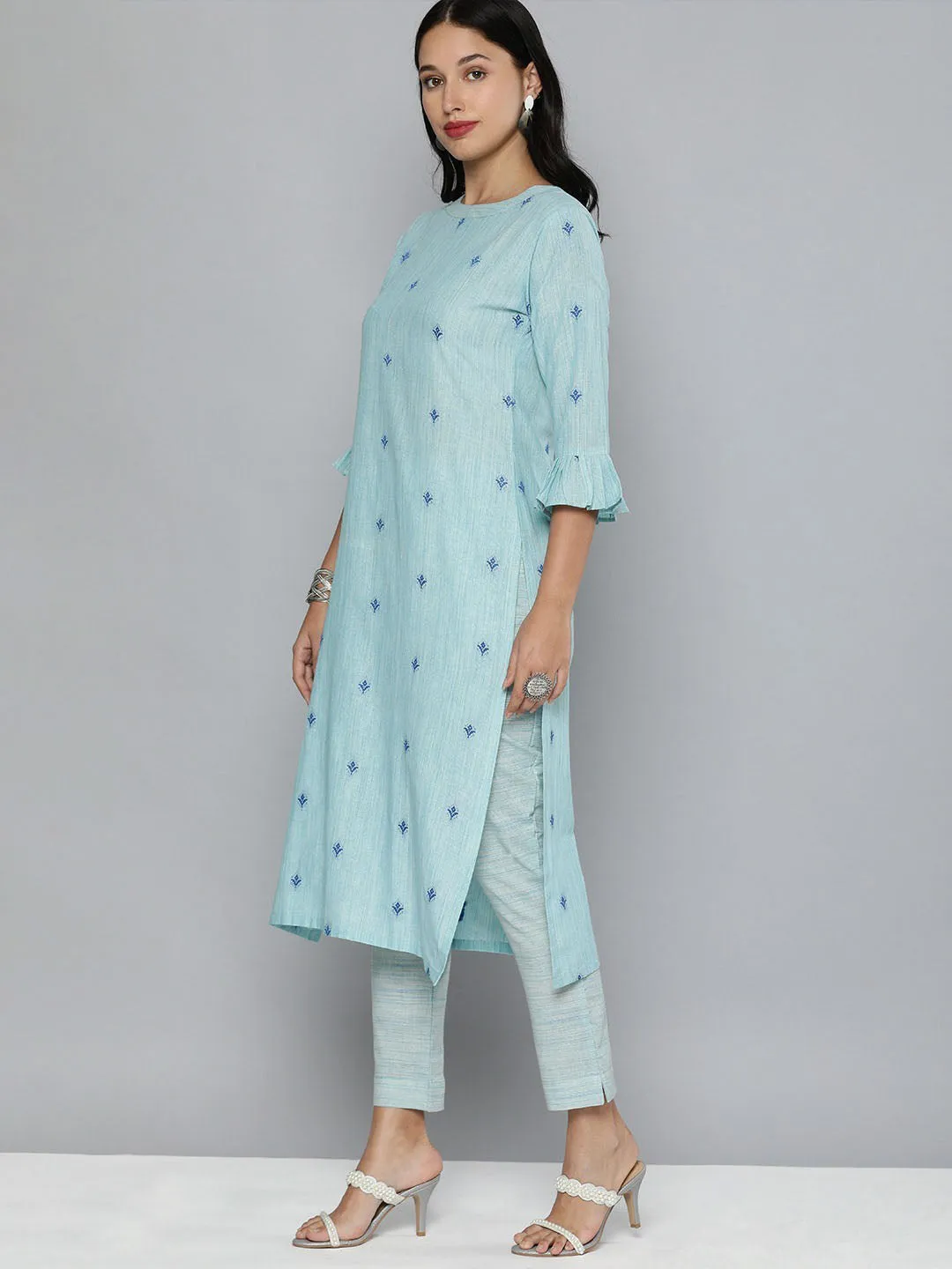 Pure Cotton Handloom Unstitched Blue Ethnic Salwar Suit Material