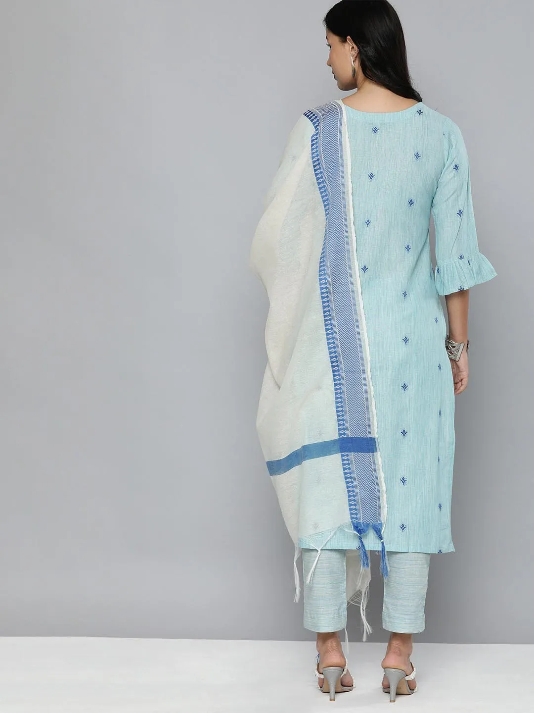 Pure Cotton Handloom Unstitched Blue Ethnic Salwar Suit Material