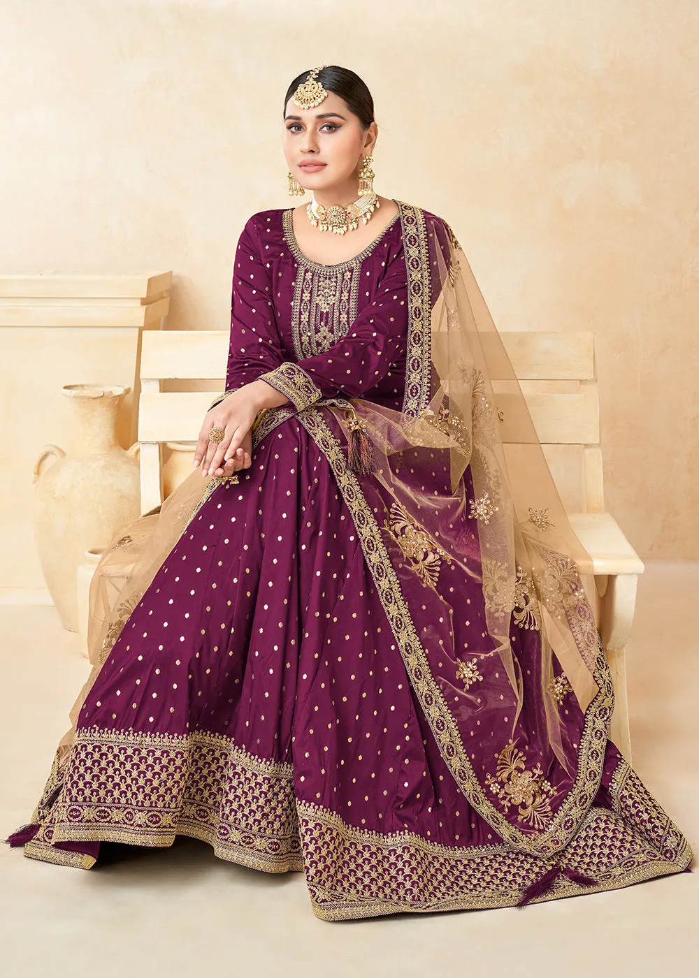 Purple Silk Embroidered Indian Ethnic Wear Anarkali Dress