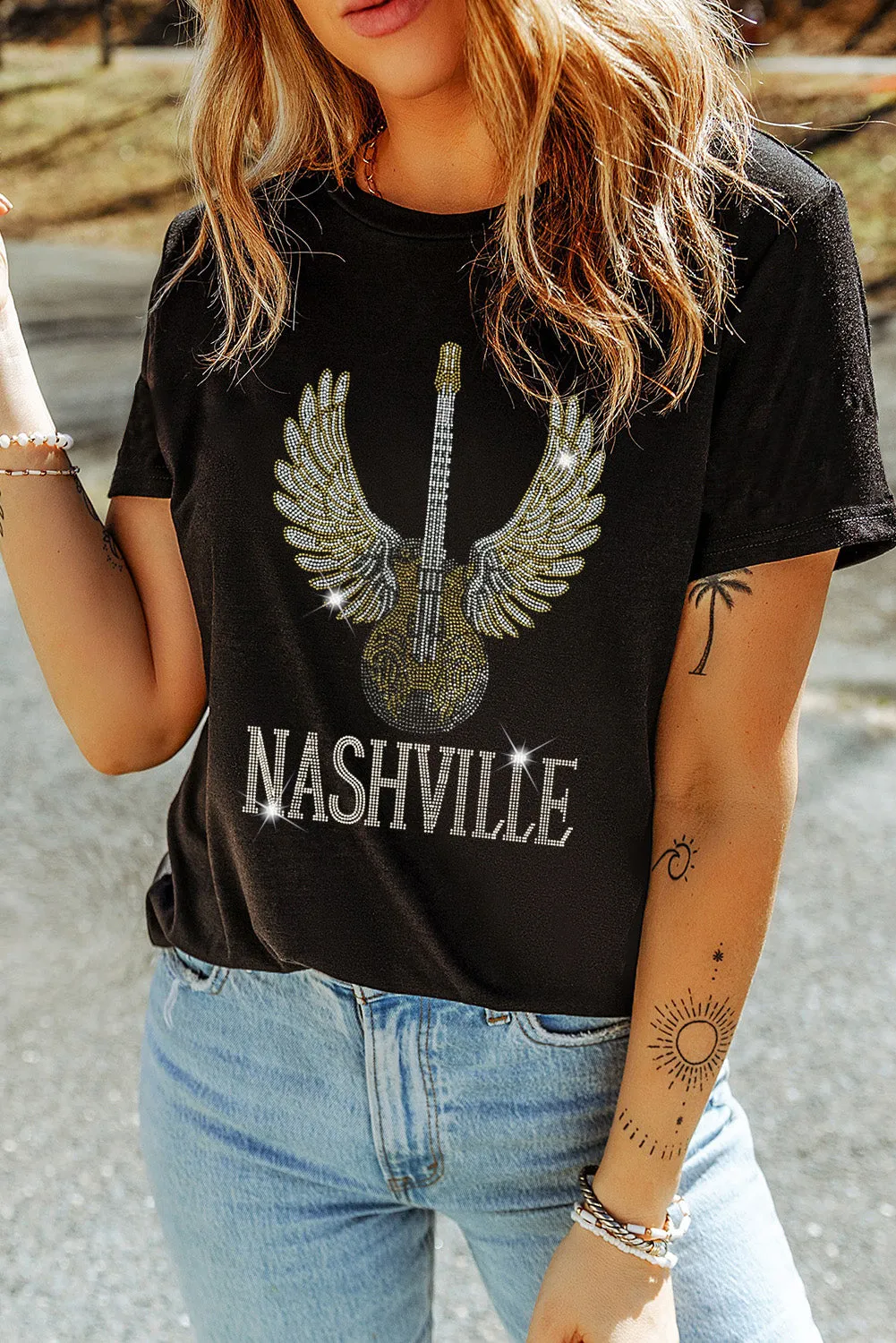 Rhinestone Guitar NASHVILLE Graphic T Shirt by Gothic Outlaws: Rock the Spotlight, Country Queen 🎸✨🤠