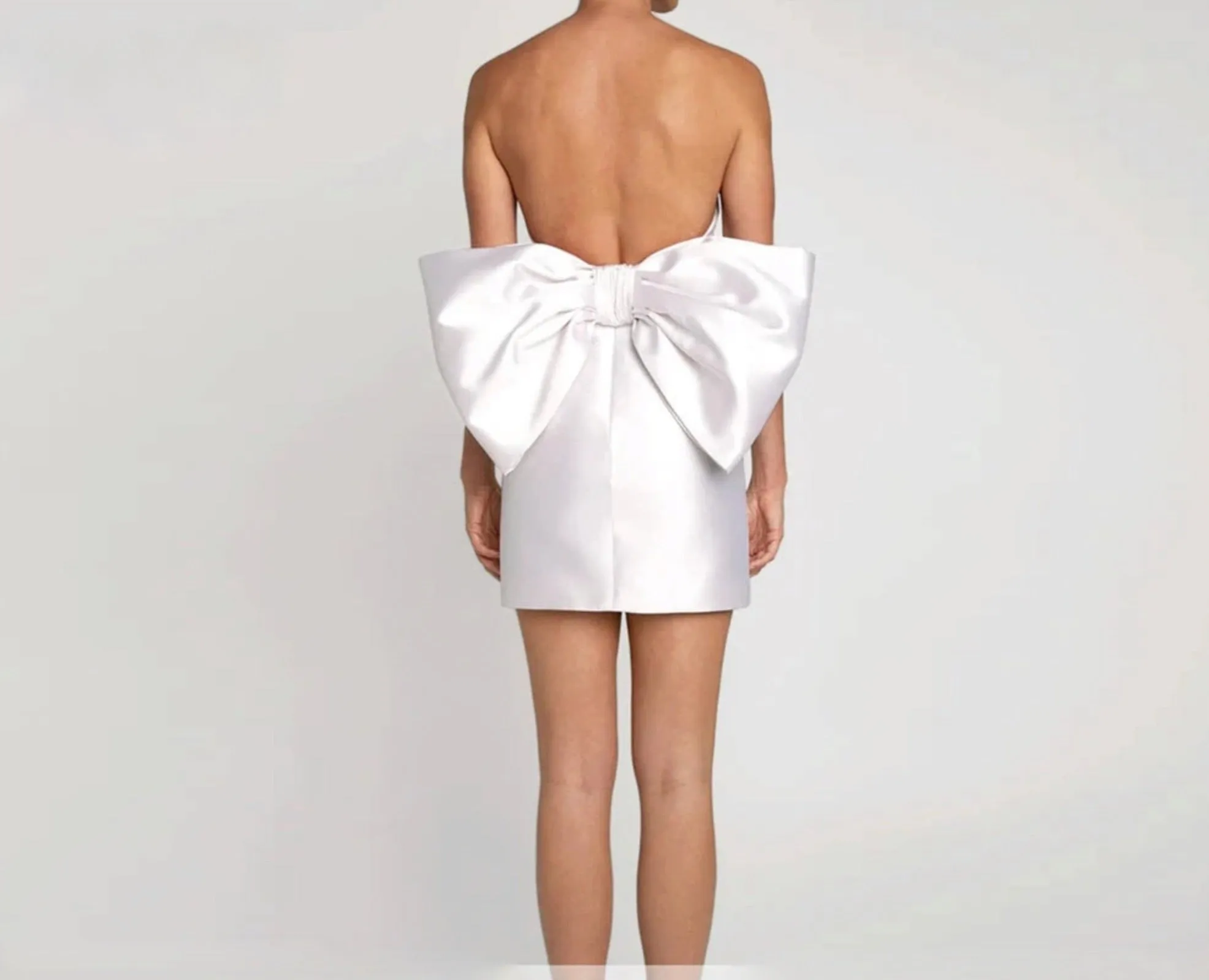 Satin Short Mini Dress with Detachable Bow Train Formal Occasion Evening Party Gowns