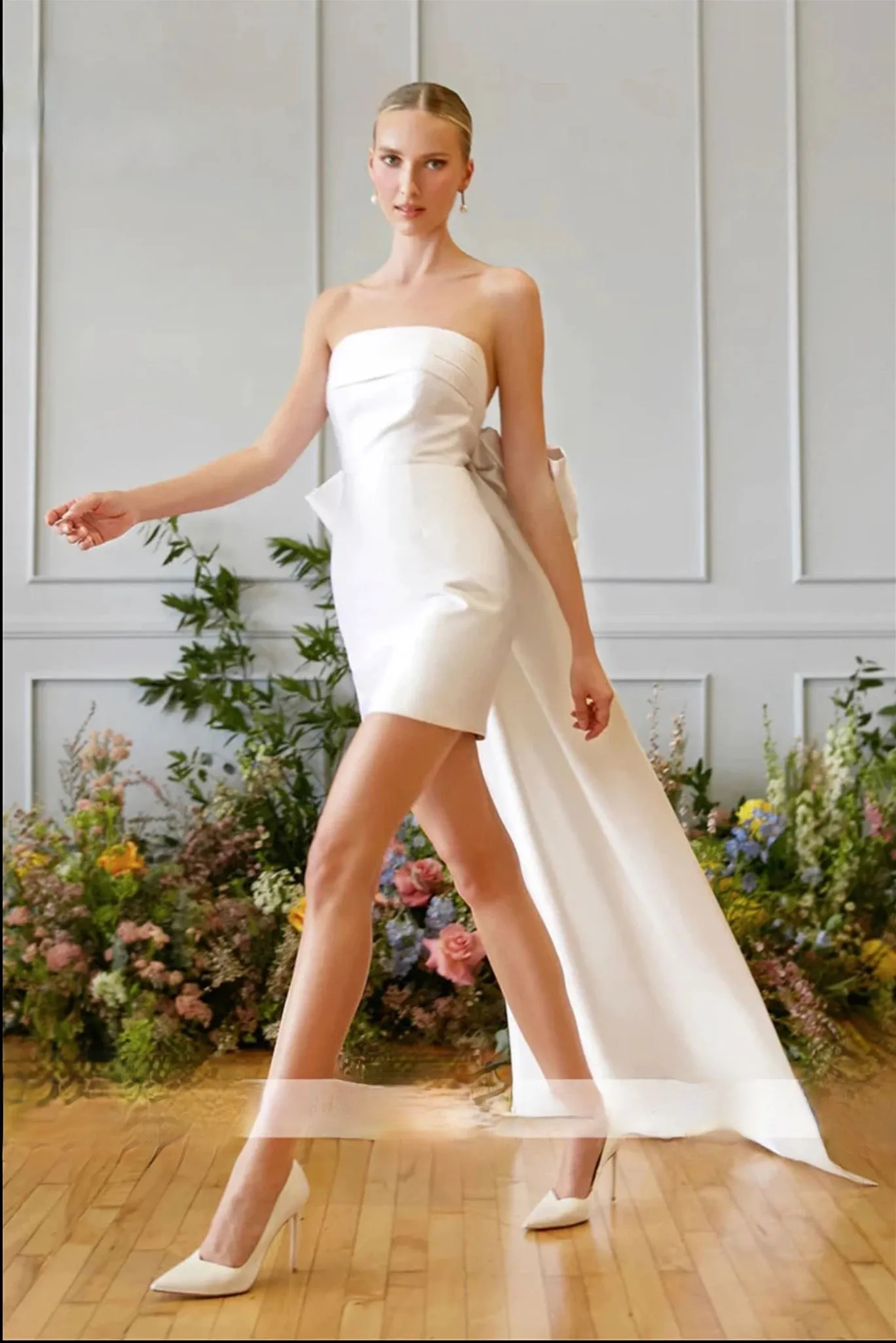 Satin Short Mini Dress with Detachable Bow Train Formal Occasion Evening Party Gowns