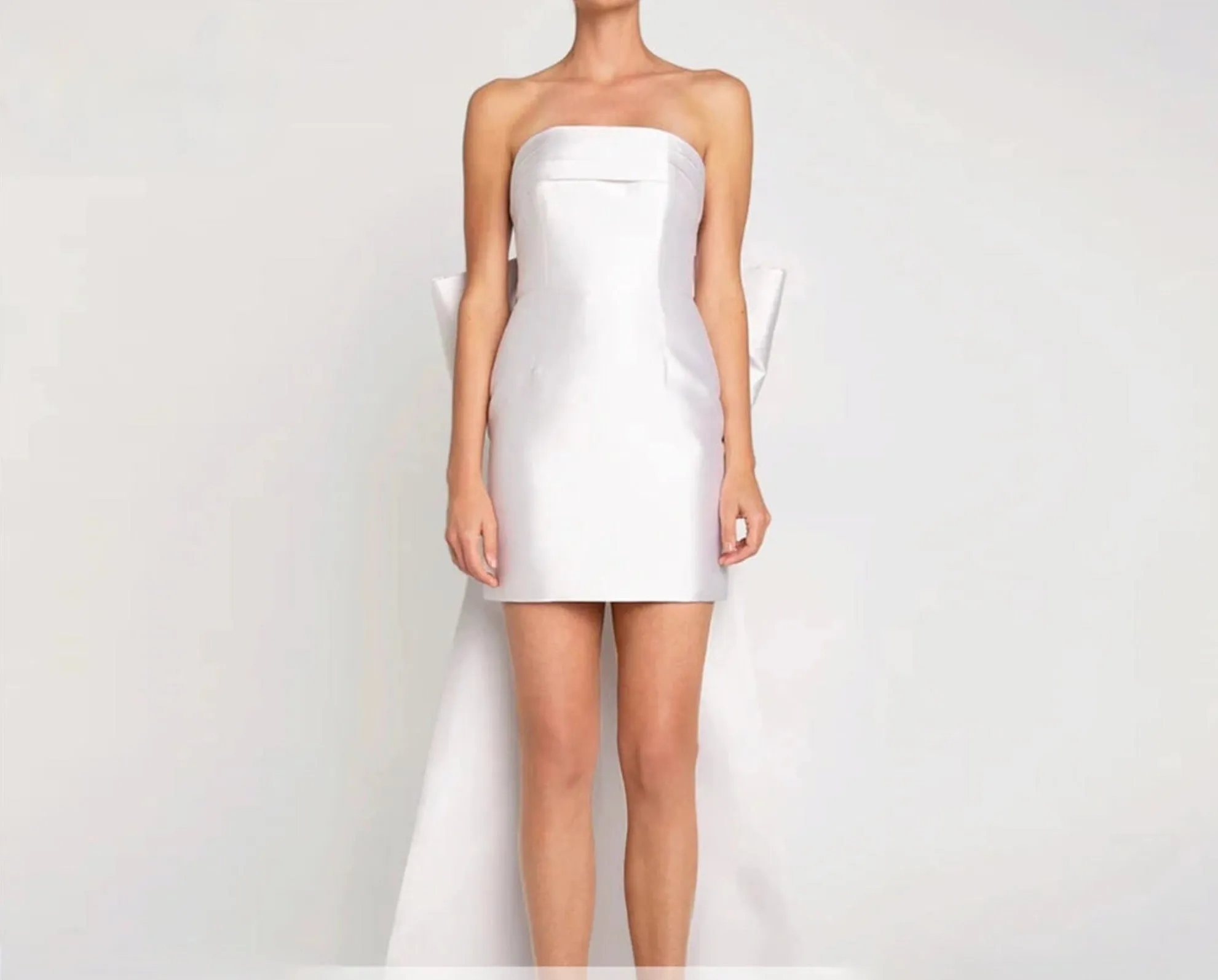 Satin Short Mini Dress with Detachable Bow Train Formal Occasion Evening Party Gowns
