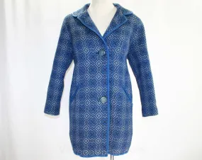 Size 12 1960s Coat - Denim Blue Brocade 60s Hip Length Jacket - Ethnic Cross Pattern - Three Quarter Length - Fall Spring - Bust 40 - 41722