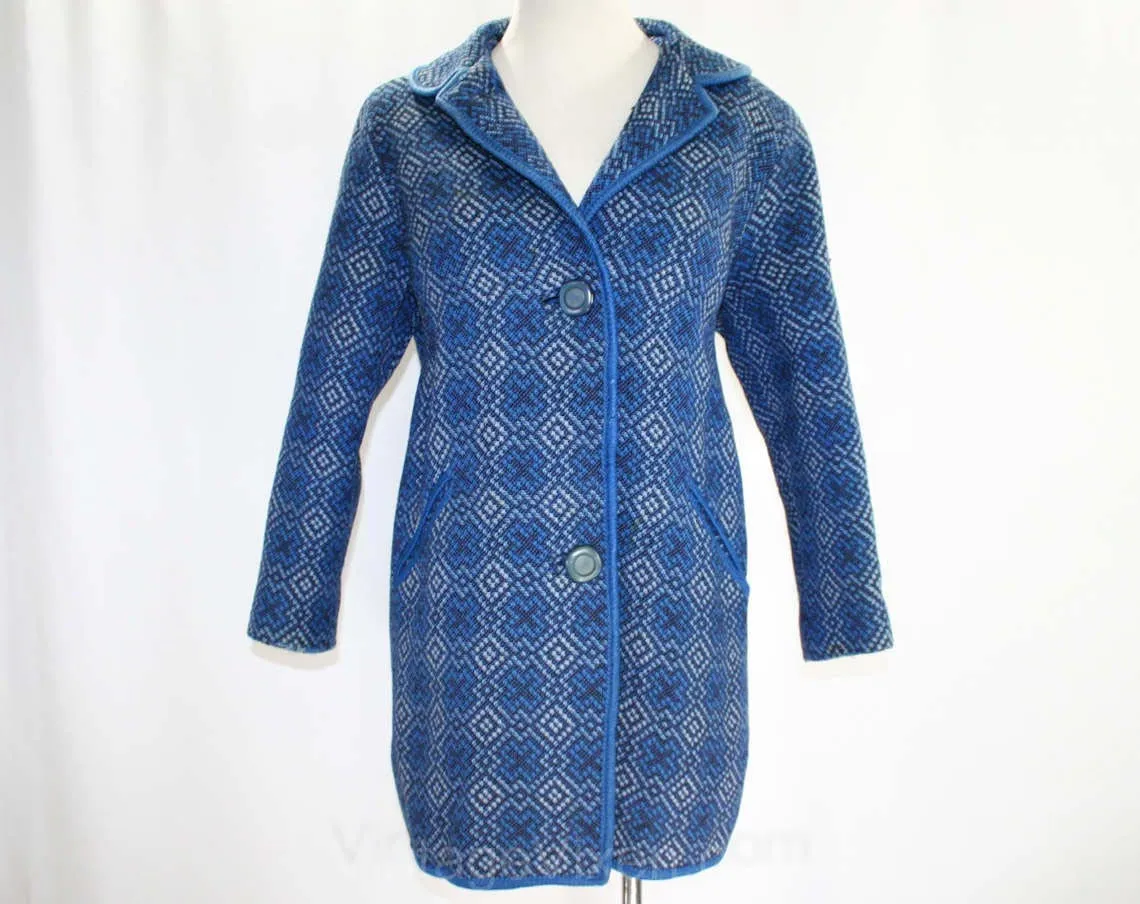 Size 12 1960s Coat - Denim Blue Brocade 60s Hip Length Jacket - Ethnic Cross Pattern - Three Quarter Length - Fall Spring - Bust 40 - 41722