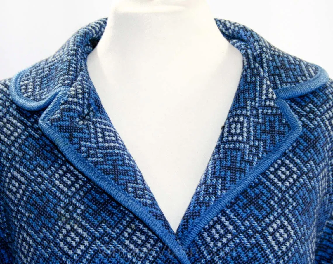 Size 12 1960s Coat - Denim Blue Brocade 60s Hip Length Jacket - Ethnic Cross Pattern - Three Quarter Length - Fall Spring - Bust 40 - 41722