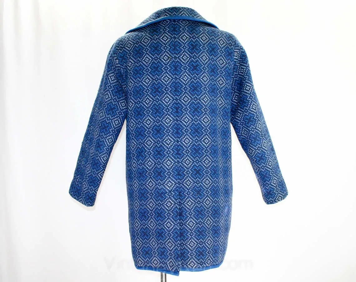 Size 12 1960s Coat - Denim Blue Brocade 60s Hip Length Jacket - Ethnic Cross Pattern - Three Quarter Length - Fall Spring - Bust 40 - 41722