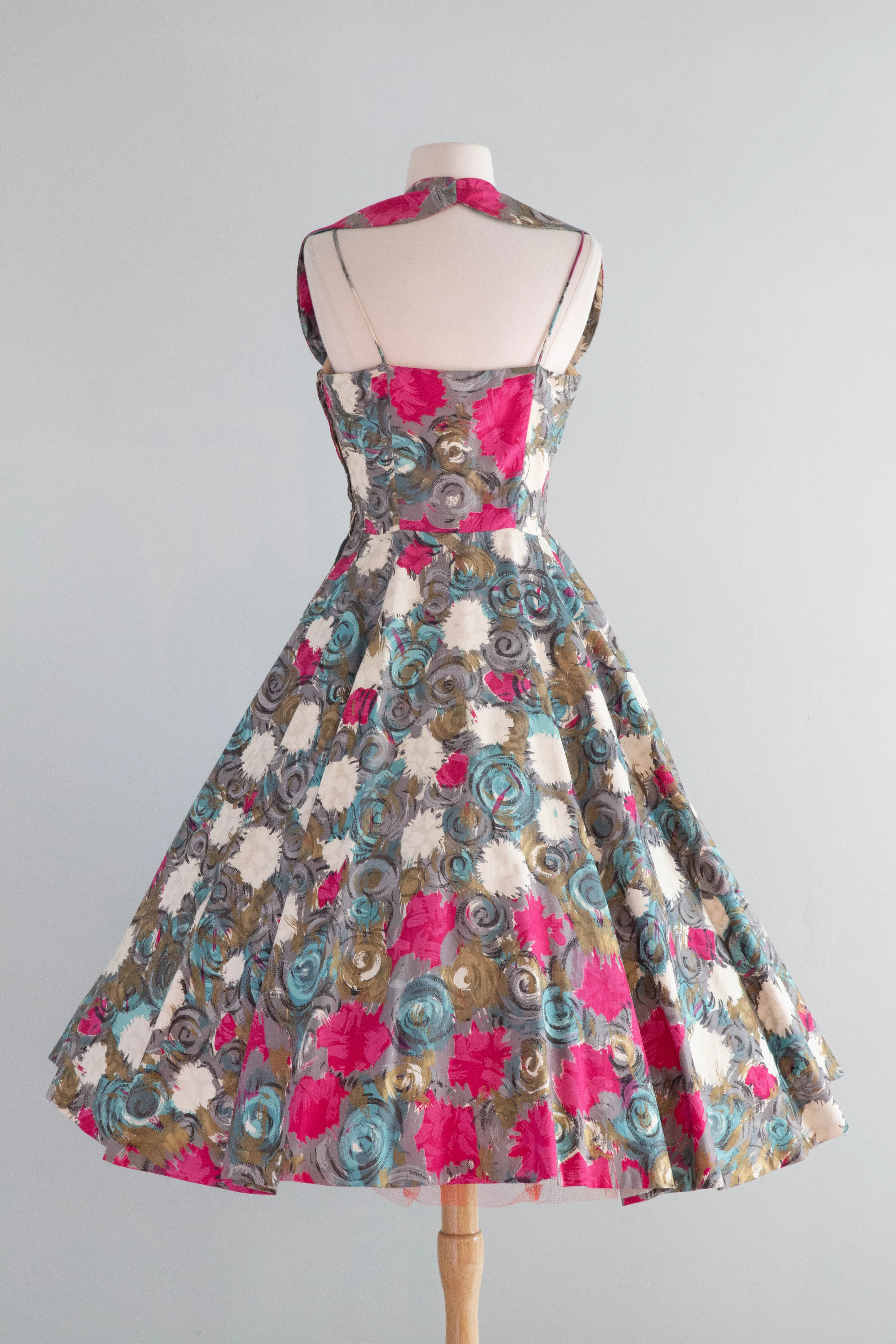 Spectacular 1950's Claudia Young Polished Cotton Floral Party Dress / SM