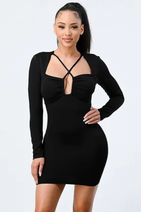 STRECH CROSS STRAP NECKLACE BODYCON MINI DRESS
