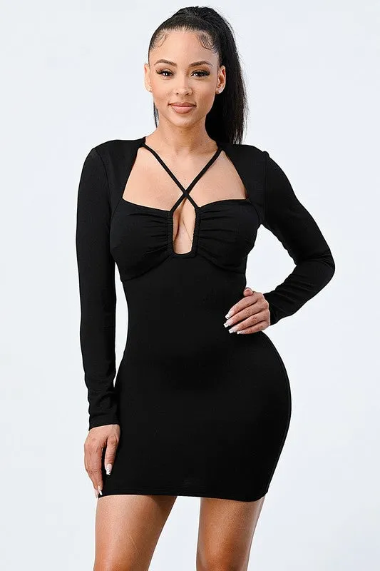 STRECH CROSS STRAP NECKLACE BODYCON MINI DRESS
