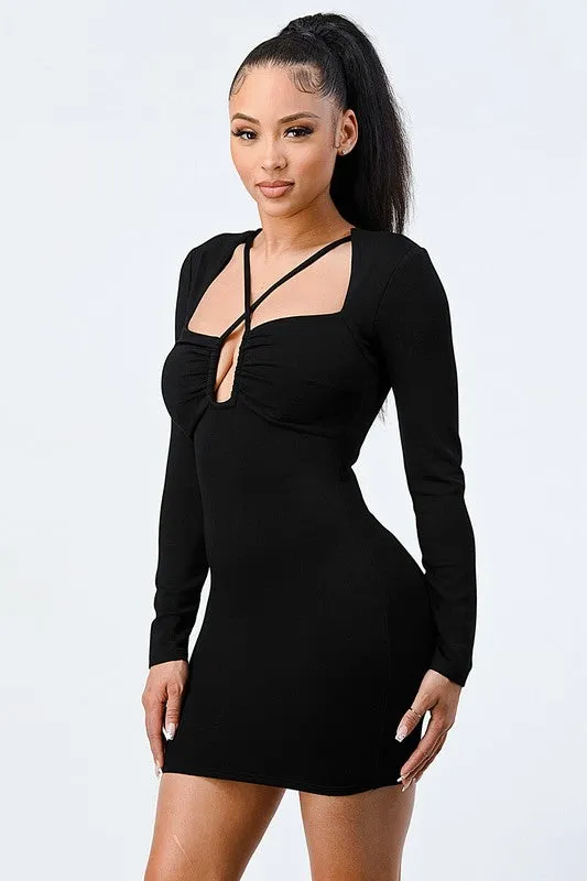 STRECH CROSS STRAP NECKLACE BODYCON MINI DRESS