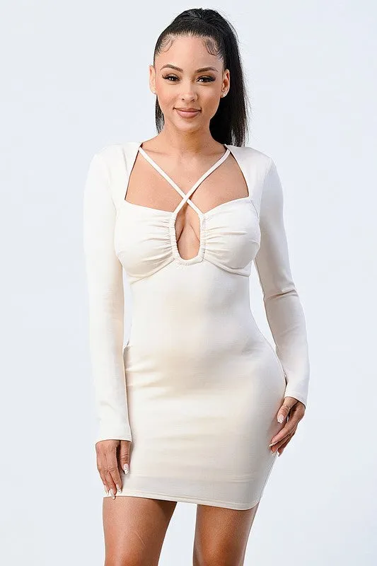 STRECH CROSS STRAP NECKLACE BODYCON MINI DRESS
