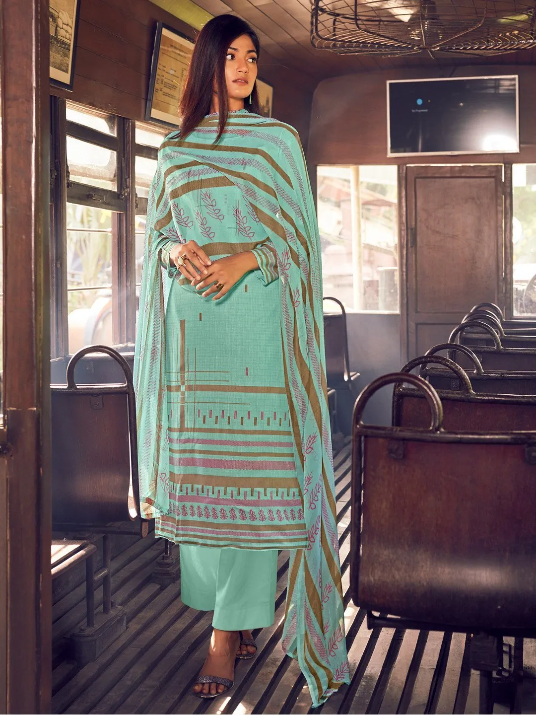 Unstitched Cool Green Cotton Salwar Suit Dress Material