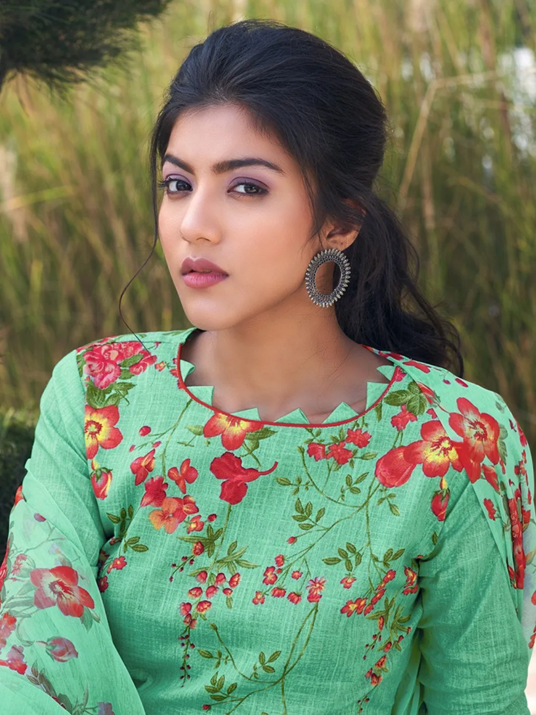 Unstitched Green Cotton Salwar Kameez Material