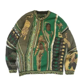 Vintage Japan Color Contrast Retro Style Portrait Print Knitted Sweater - Loose Long Sleeve Pullover