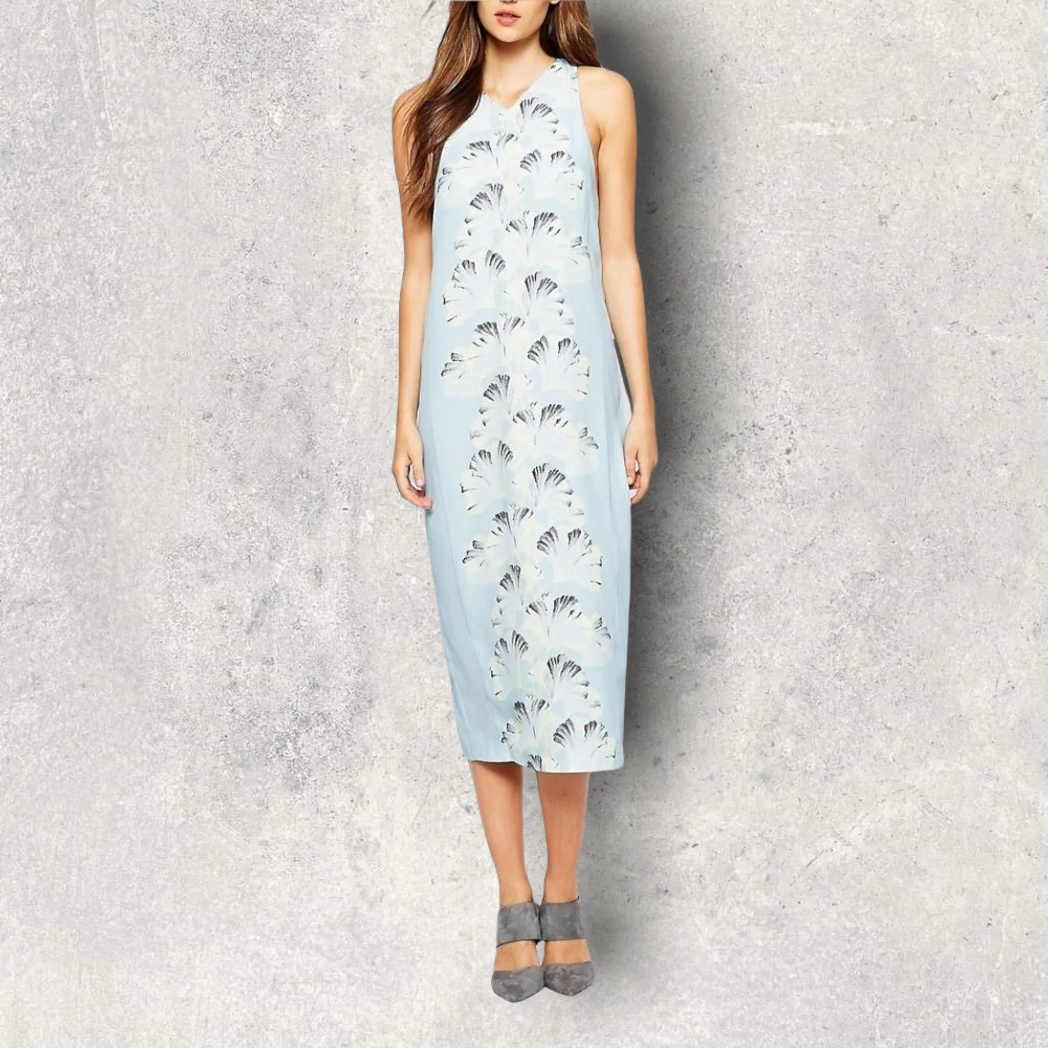 Whistles Blue Palm Print Longline Midi Dress UK 12 US 8 EU 40