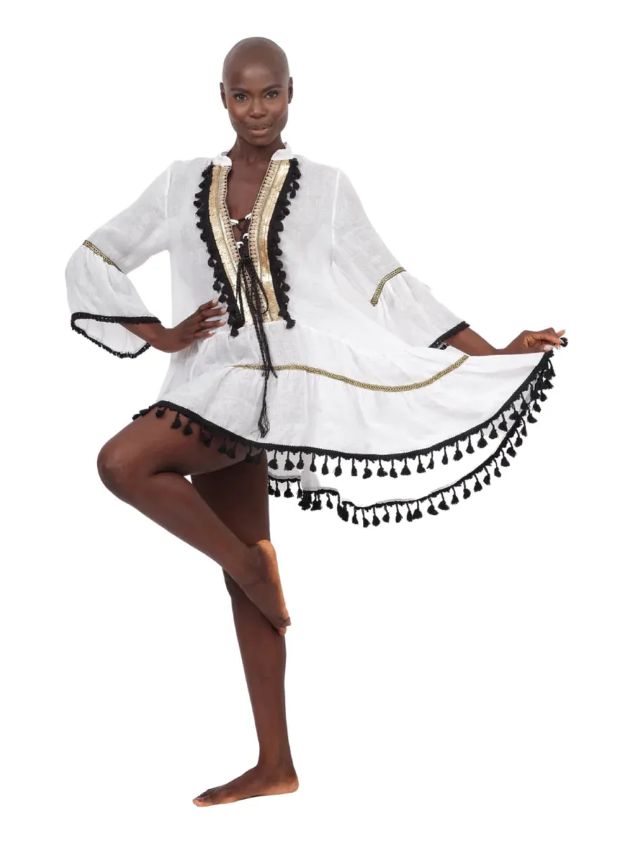 White Linen Tassel Dress
